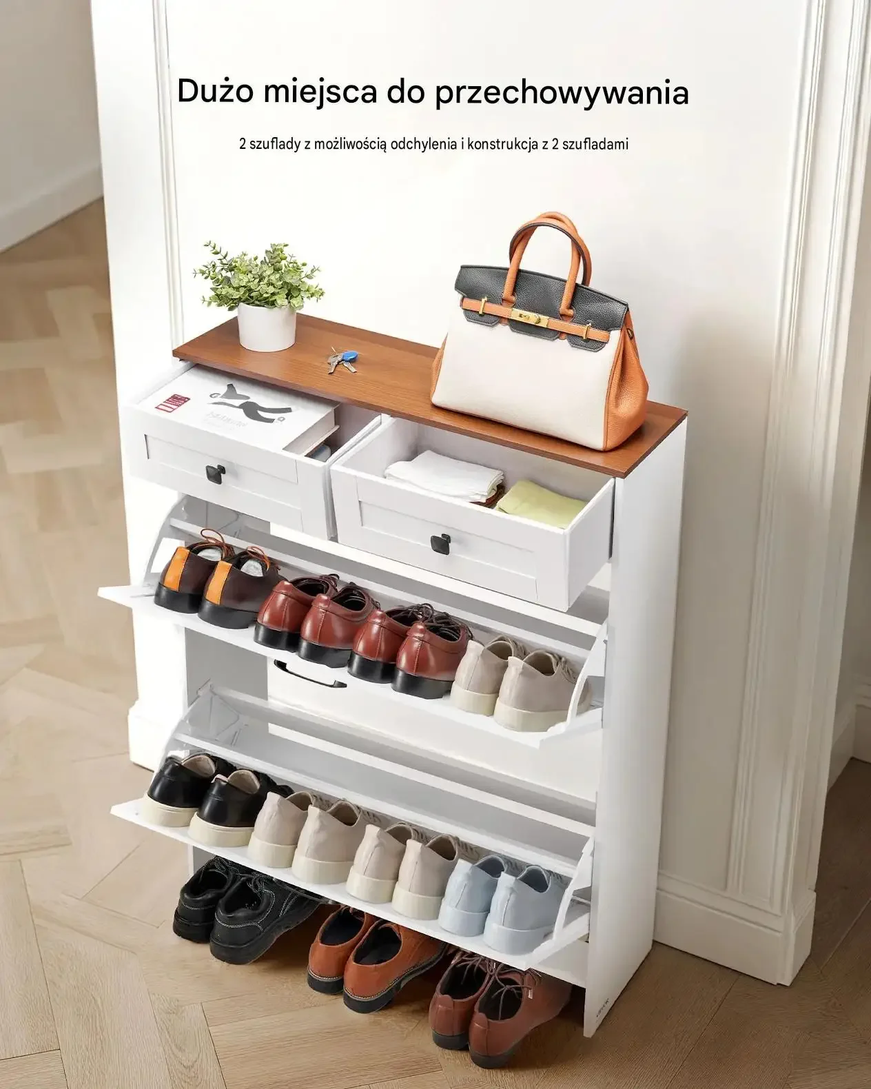 Szafka buty biała mocna 2 drzwi 2 szuflady antywywrotowa 80 x 24 x 105 cm - obrazek 4