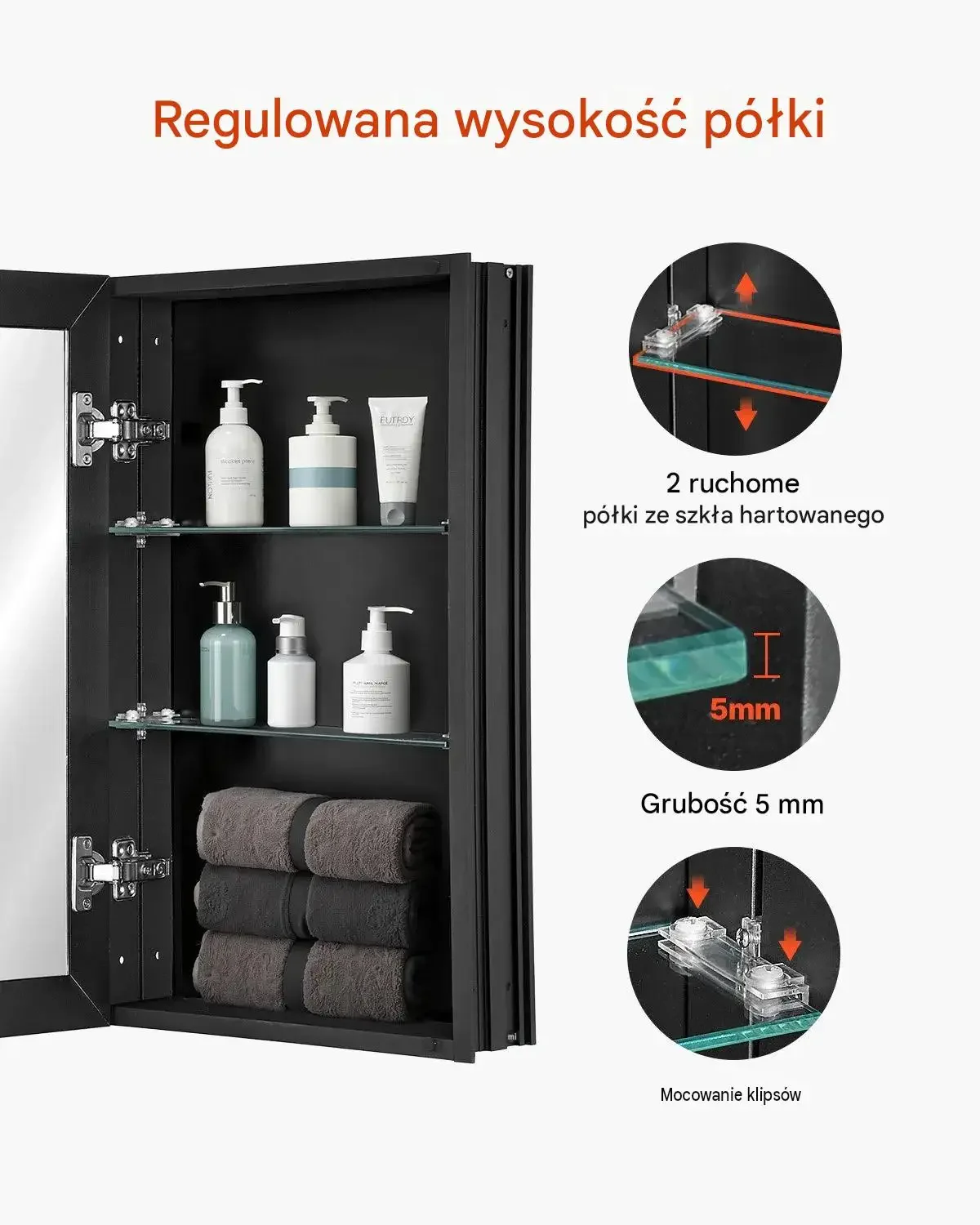 Szafka leki lustro czarna premium regulowane półki szkło 355 x 135 x 610 mm - obrazek 4