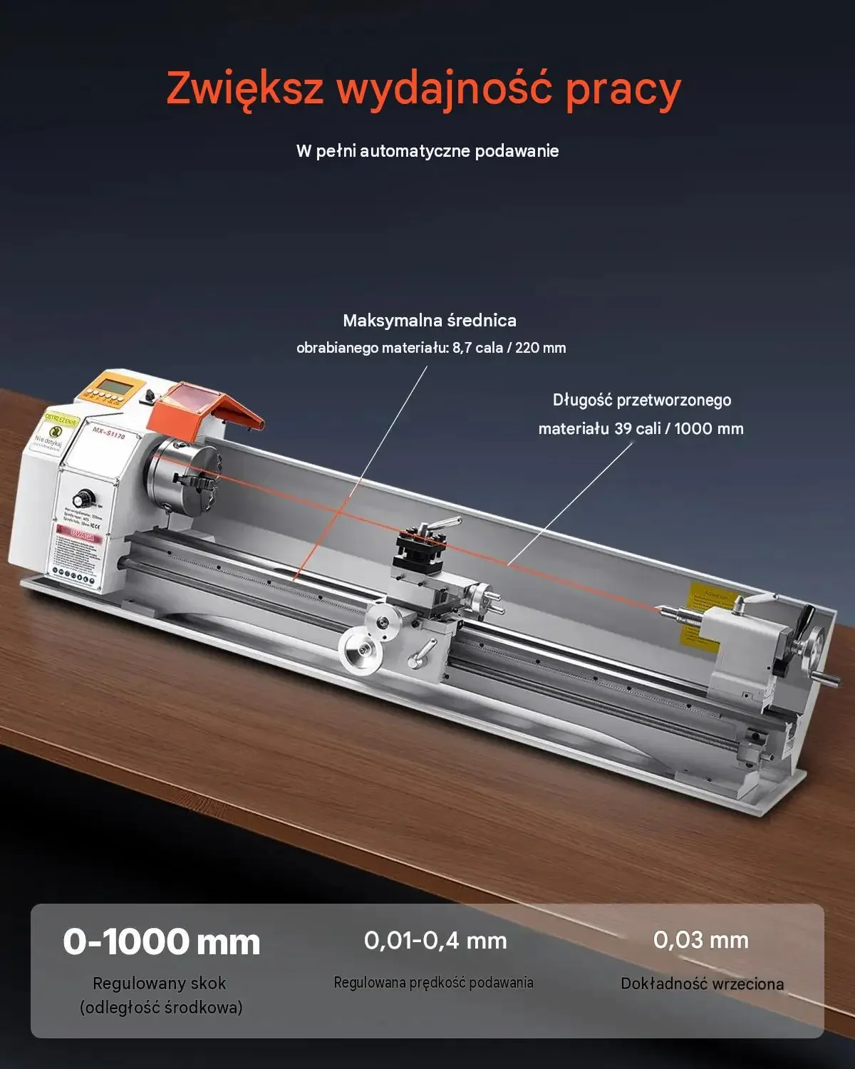 Tokarka metalowa stołowa 1250 W posuw automatyczny gwintowanie czarna mocna - obrazek 4