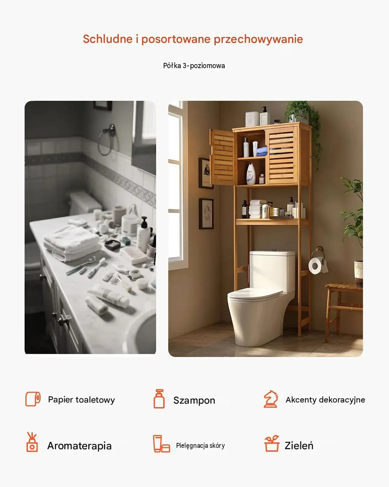 Szafka łazienkowa WC wytrzymała regulowana półka bambus 65 x 27 cm MDF - obrazek 5
