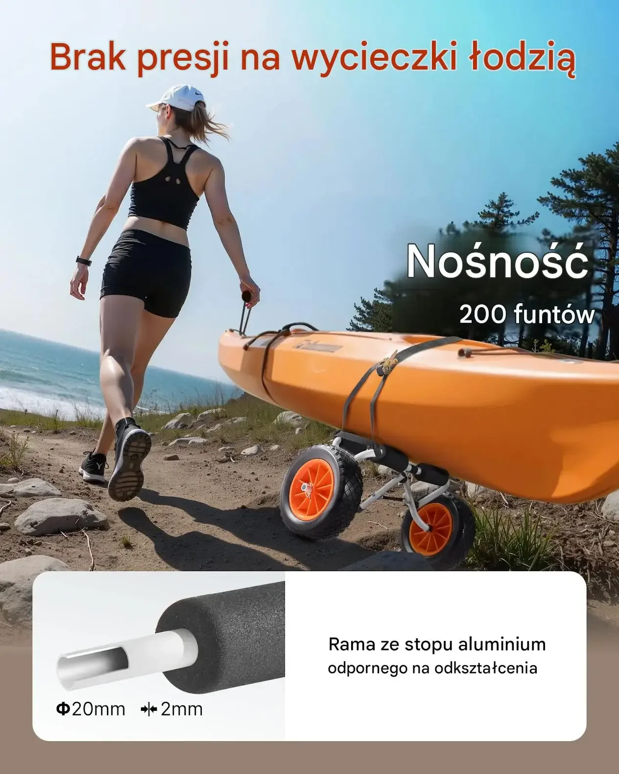 Wózek kajakowy transportowy mocny kanoe SUP deska 90 kg szeroki 35.56 cm - obrazek 2