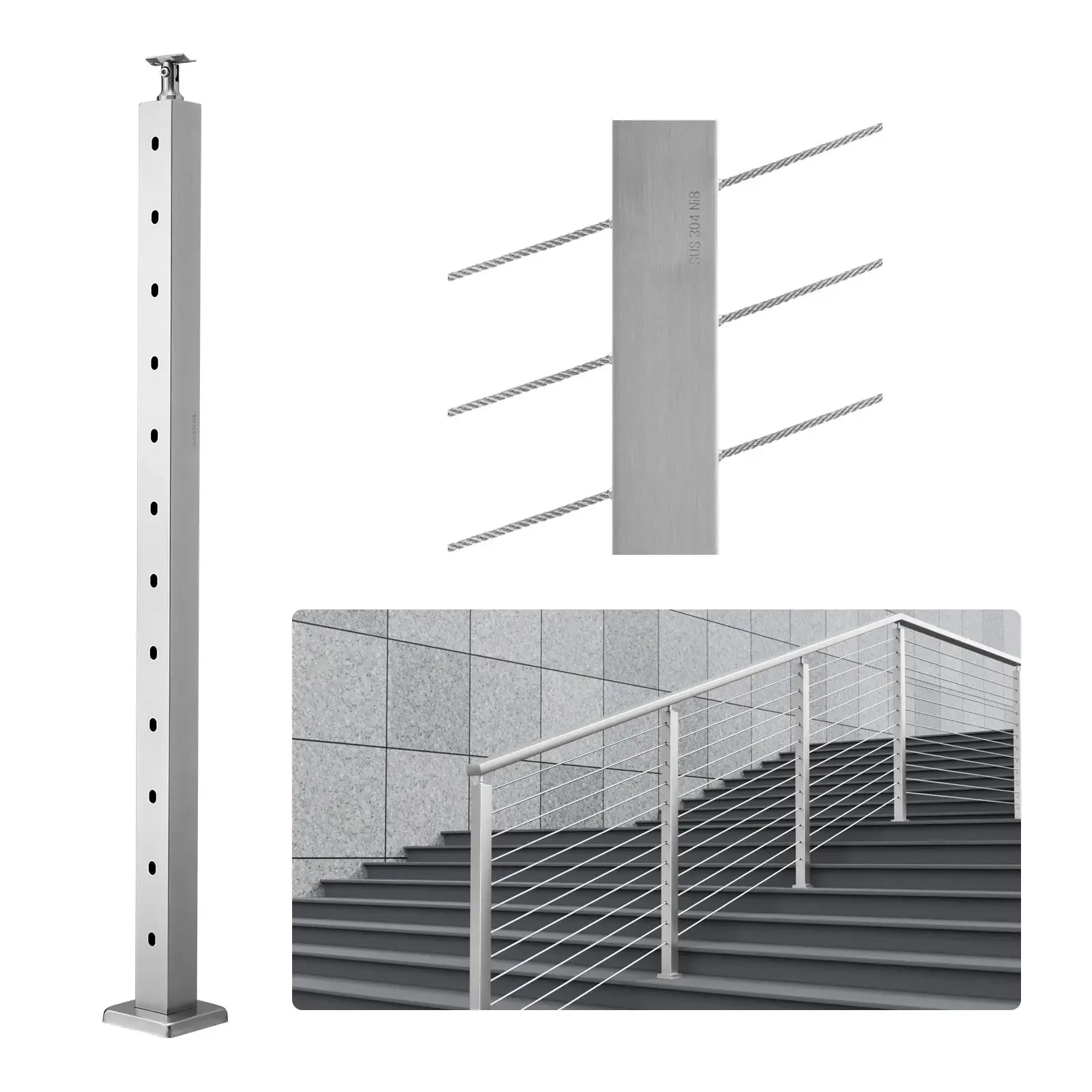 Słupek do balustrady linowej 30° 107 cm stali szlachetnej z uchwytami - obrazek 5