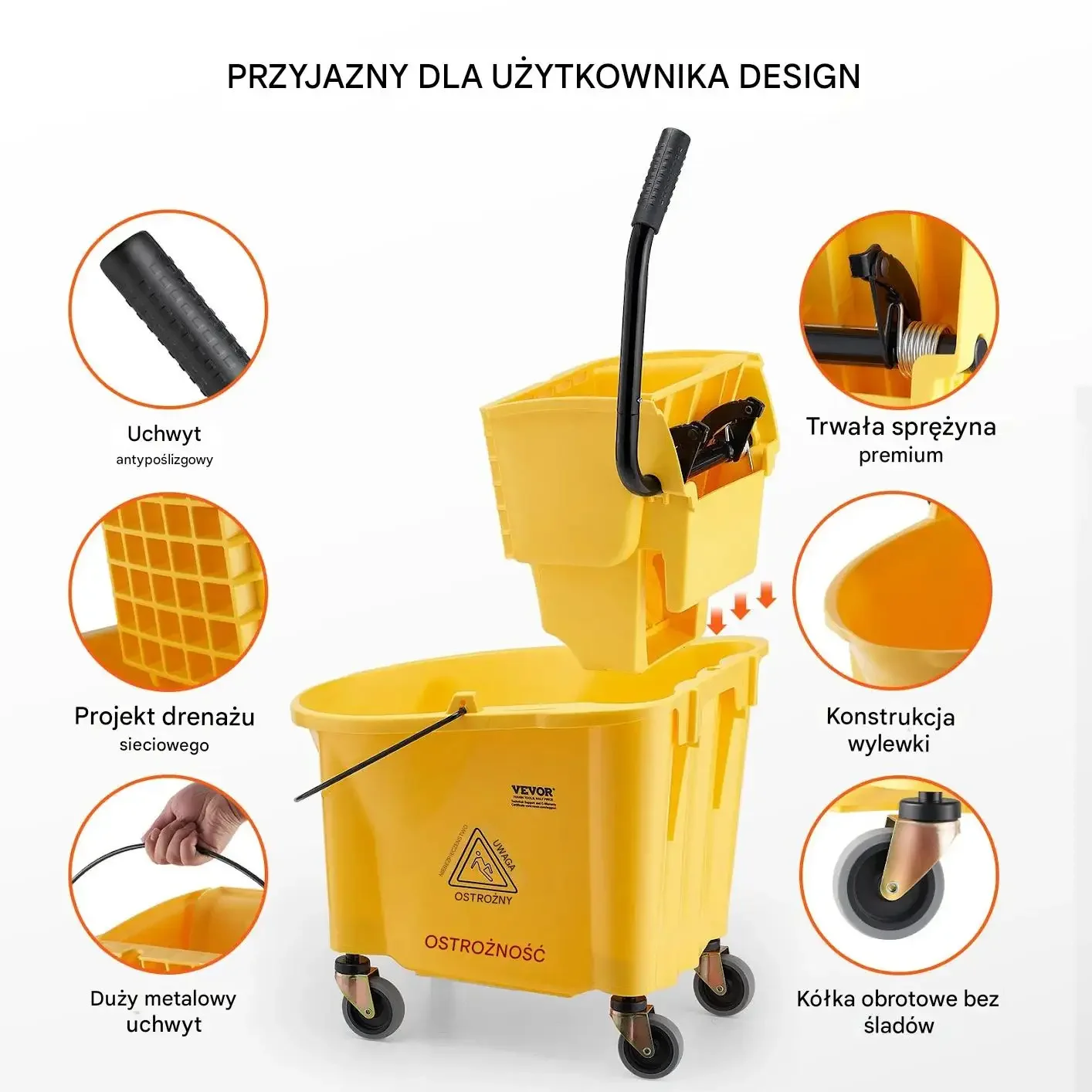 Wiadro do mopa z wyciskaczem 35L na kółkach do sprzątania profesjonalnego - obrazek 6