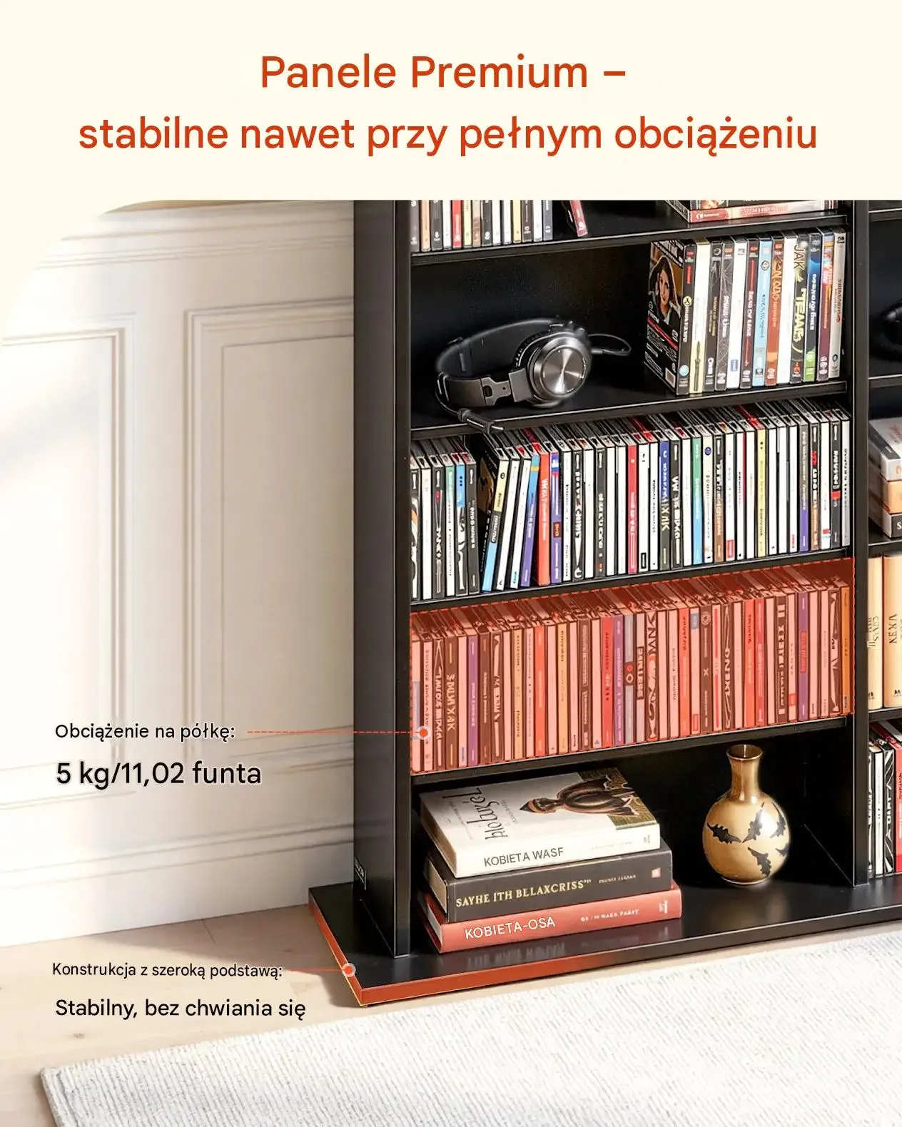 Regał DVD CD czarny 24 przegródki 8 poziomów 142 x 22 x 130 cm mocna półka - obrazek 4