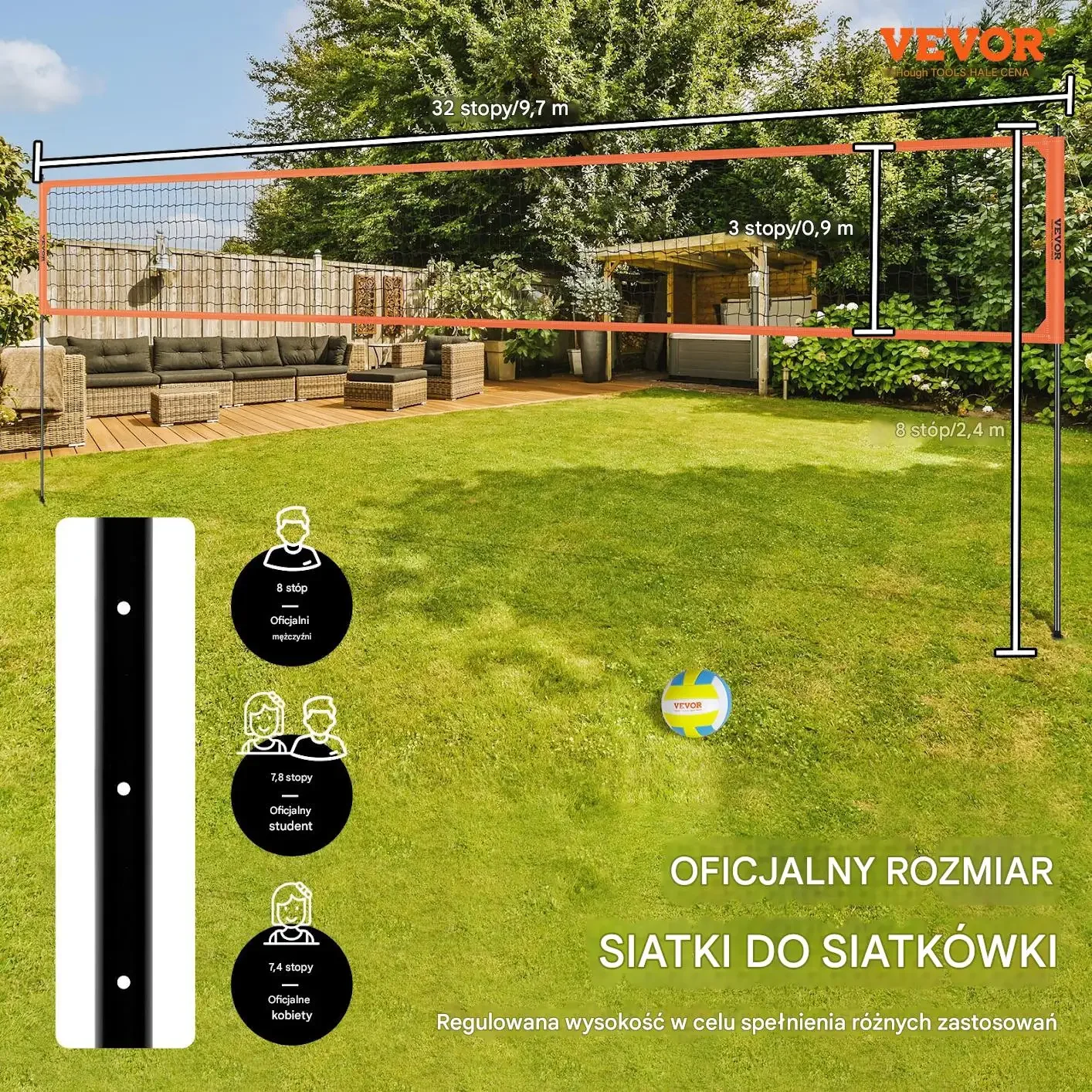 Siatka do siatkówki przenośna czarna regulowana zestaw boiskowy - obrazek 5