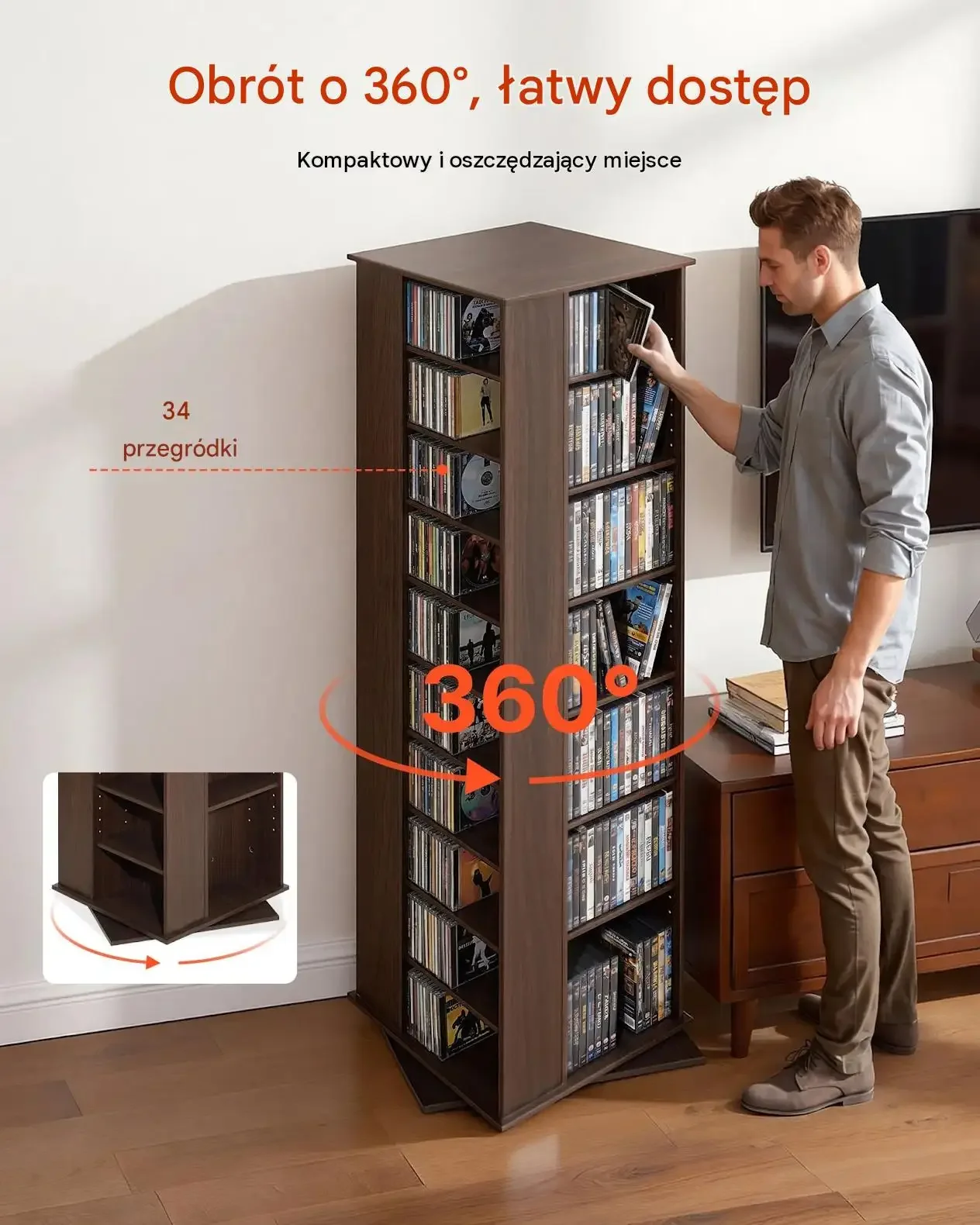 Wieża CD obrotowa brązowa 34 przegródki 163,6 cm regał DVD książki premium - obrazek 4
