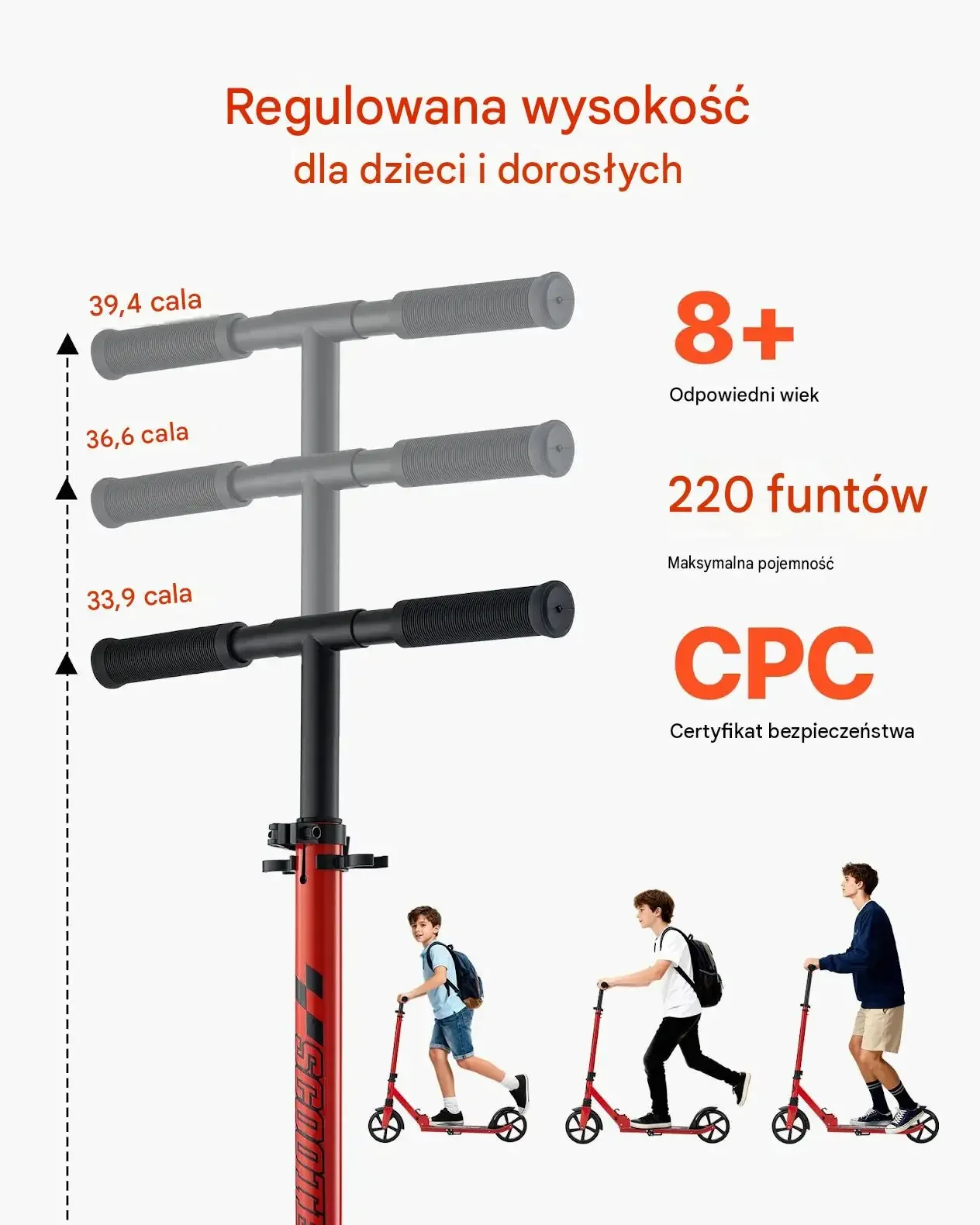 Hulajnoga dwukołowa składana miejska stalowa 100 kg hamulec czerwona czarna - obrazek 2