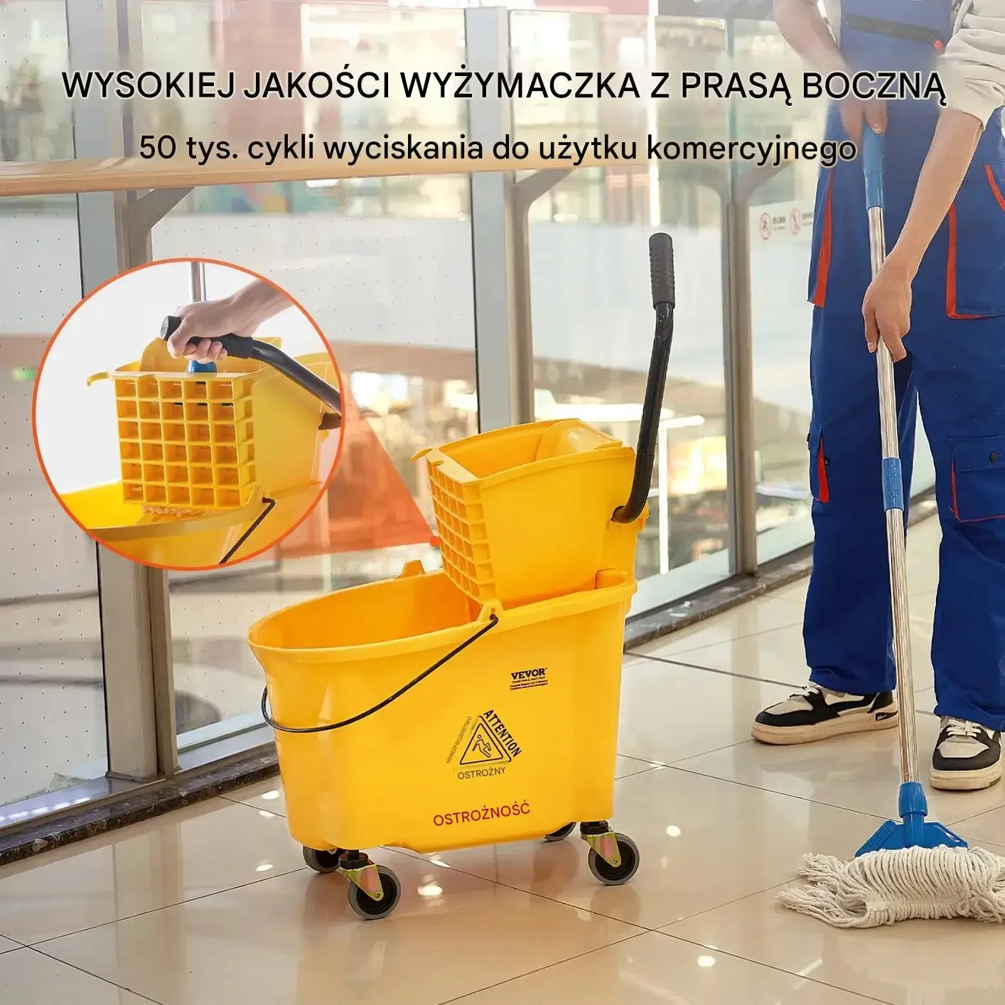 Wiadro do mopa z wyciskaczem 35L na kółkach do sprzątania profesjonalnego - obrazek 4