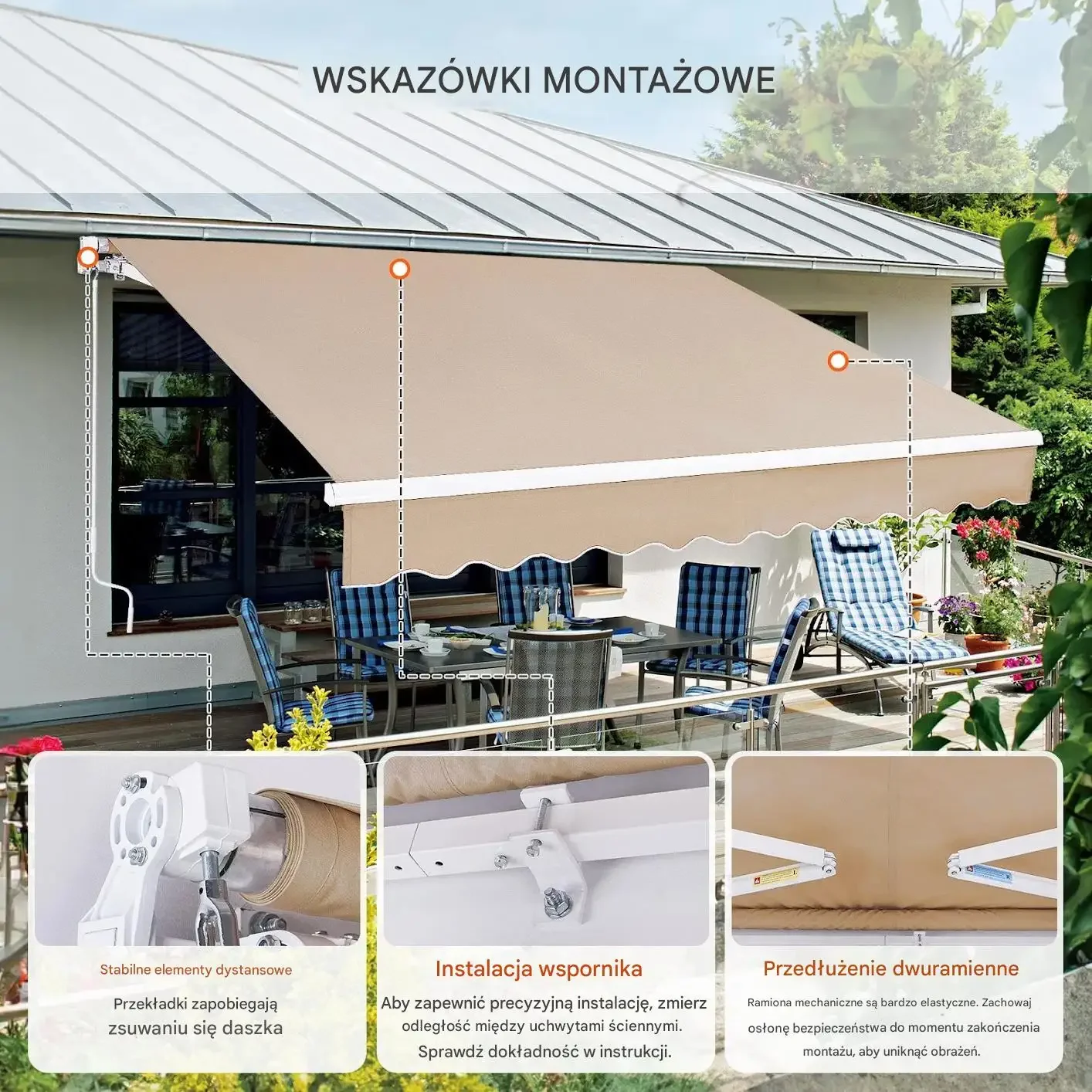 Markiza balkonowa 3,05x2,44 m ręczna, wodoodporna, z korbką, taras - obrazek 5