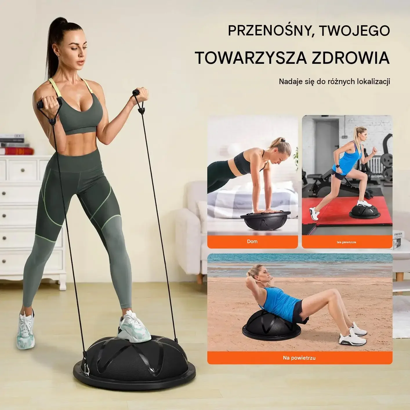 Antypoślizgowa piłka balansowa bosu 58 cm 300 kg linki czarna mocna zestaw - obrazek 6