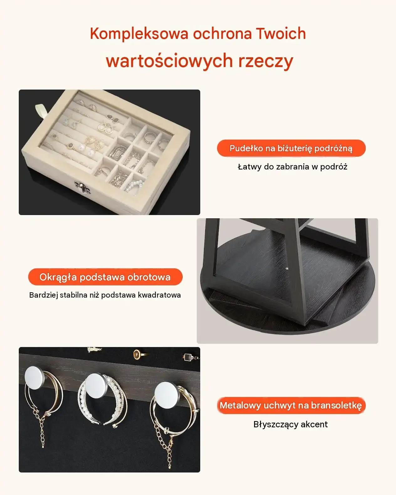 Szafka biżuteryjna obrotowa 360° czarna premium 1600 mm organizer kieszenie - obrazek 5