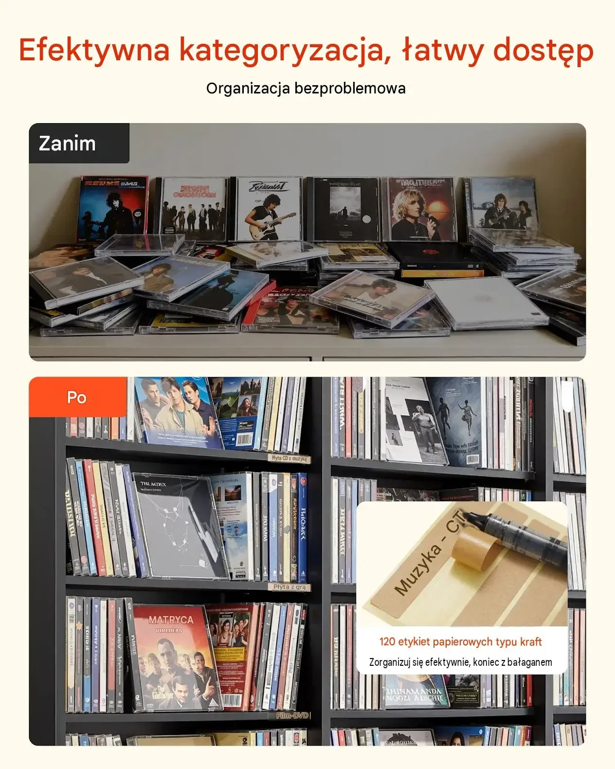 Regał DVD CD czarny 24 przegródki 8 poziomów 142 x 22 x 130 cm mocna półka - obrazek 6