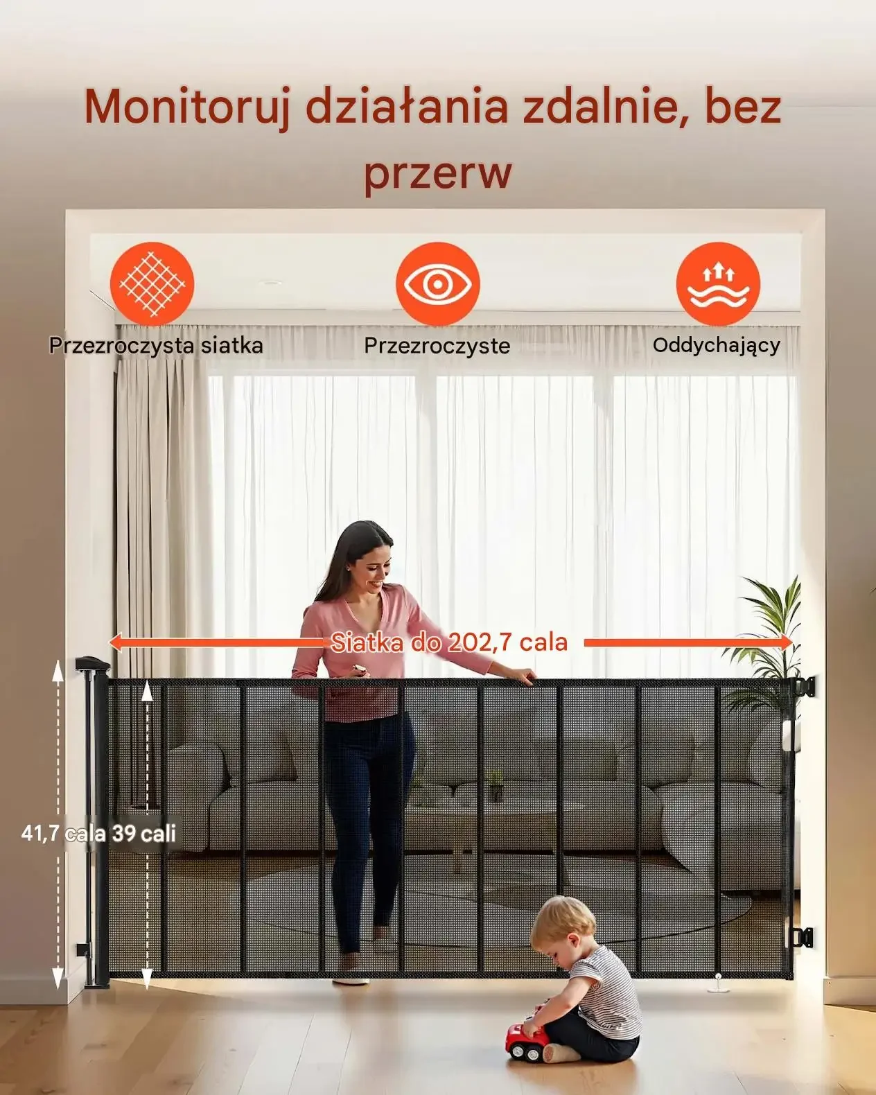 Barierka ochronna bramka roletowa pies drzwi 515 cm 99 cm czarna siatka - obrazek 3
