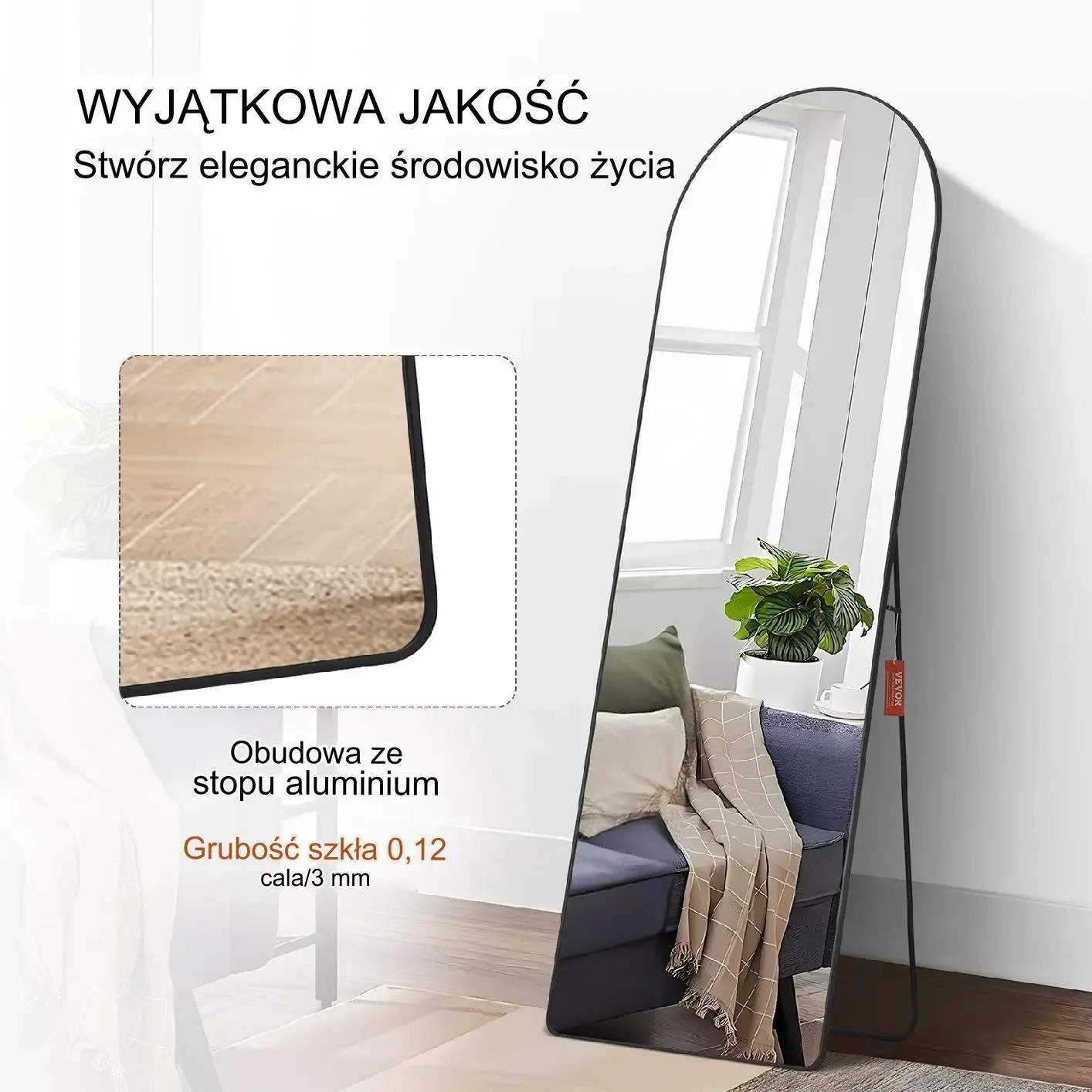 Lustro owalne stojące czarne 165x56 cm aluminiowe pełnowymiarowe - obrazek 3