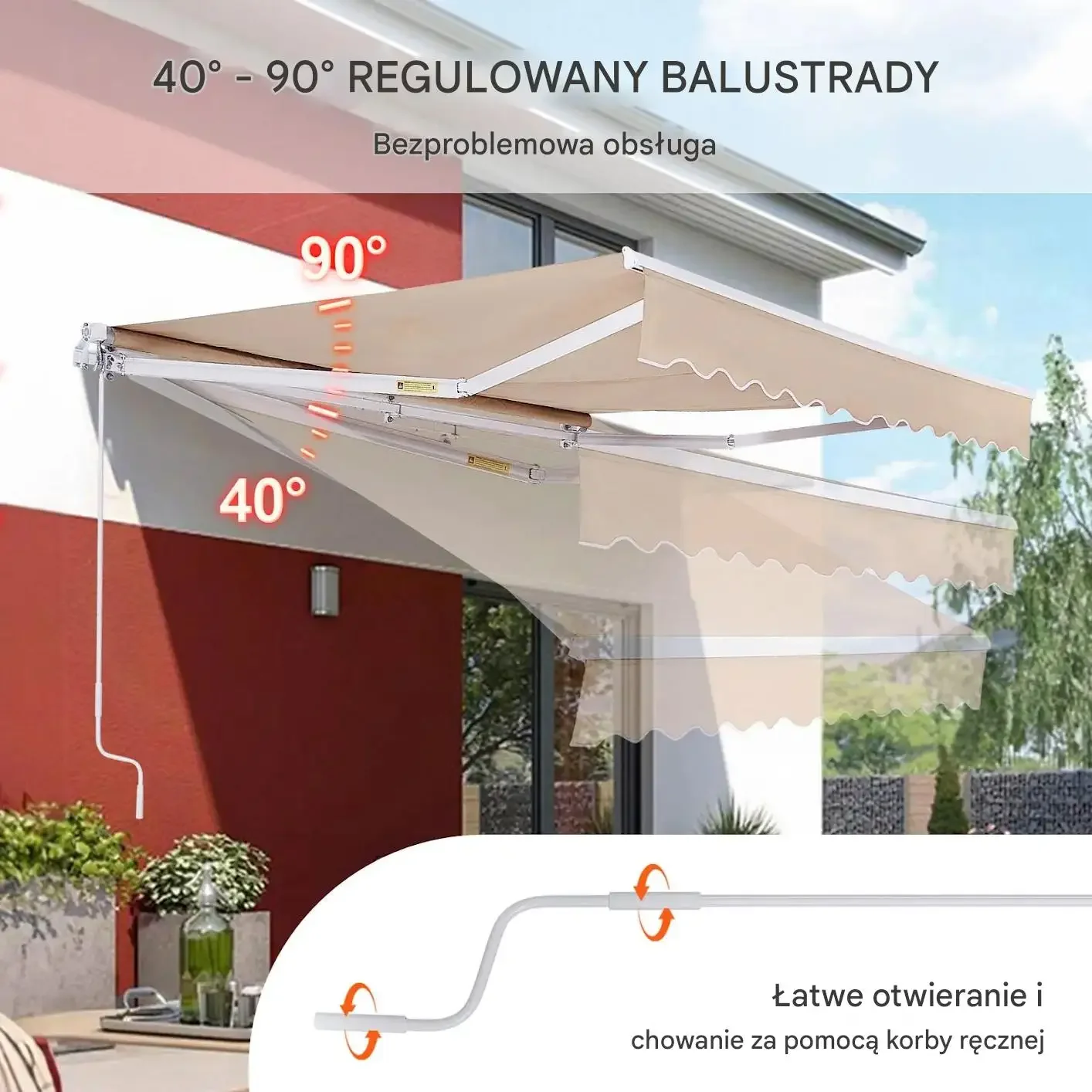 Markiza balkonowa 3,05x2,44 m ręczna, wodoodporna, z korbką, taras - obrazek 4