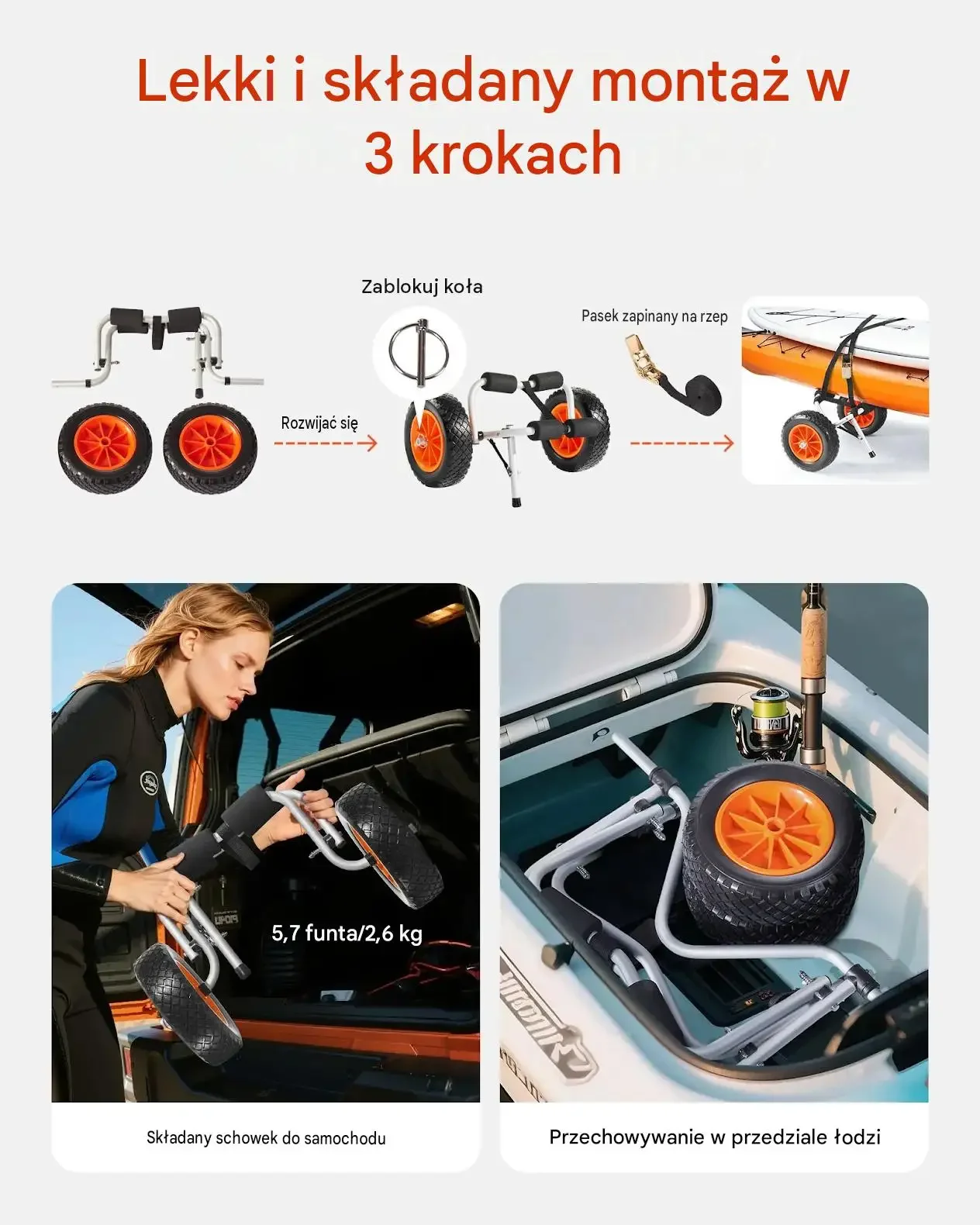 Wózek kajakowy transportowy mocny kanoe SUP deska 90 kg szeroki 35.56 cm - obrazek 6