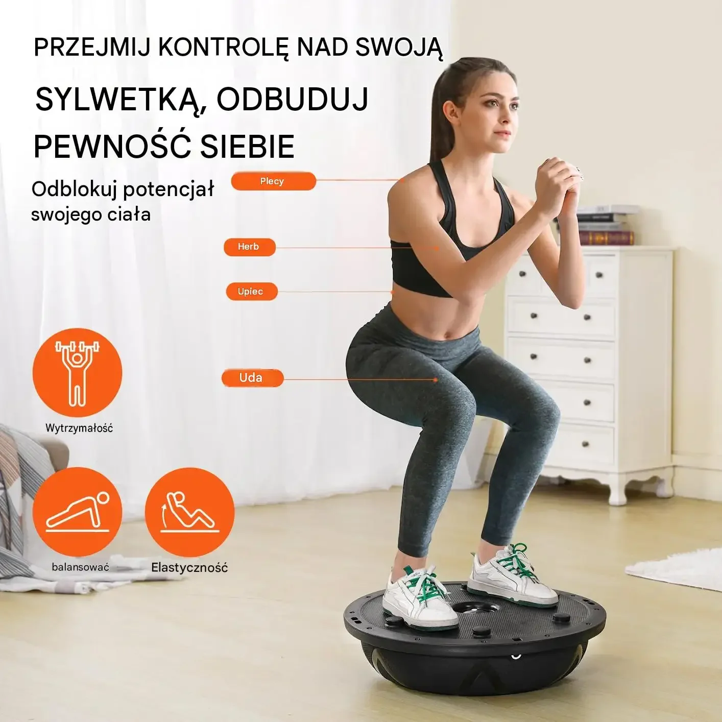Antypoślizgowa piłka balansowa bosu 58 cm 300 kg linki czarna mocna zestaw - obrazek 3