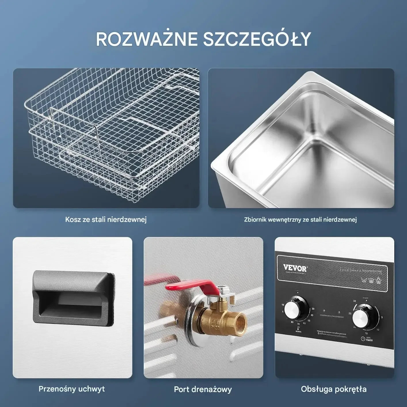 Myjka ultradźwiękowa 30 l 600 W 40 kHz gaźniki biżuteria stal mocna Premium - obrazek 5