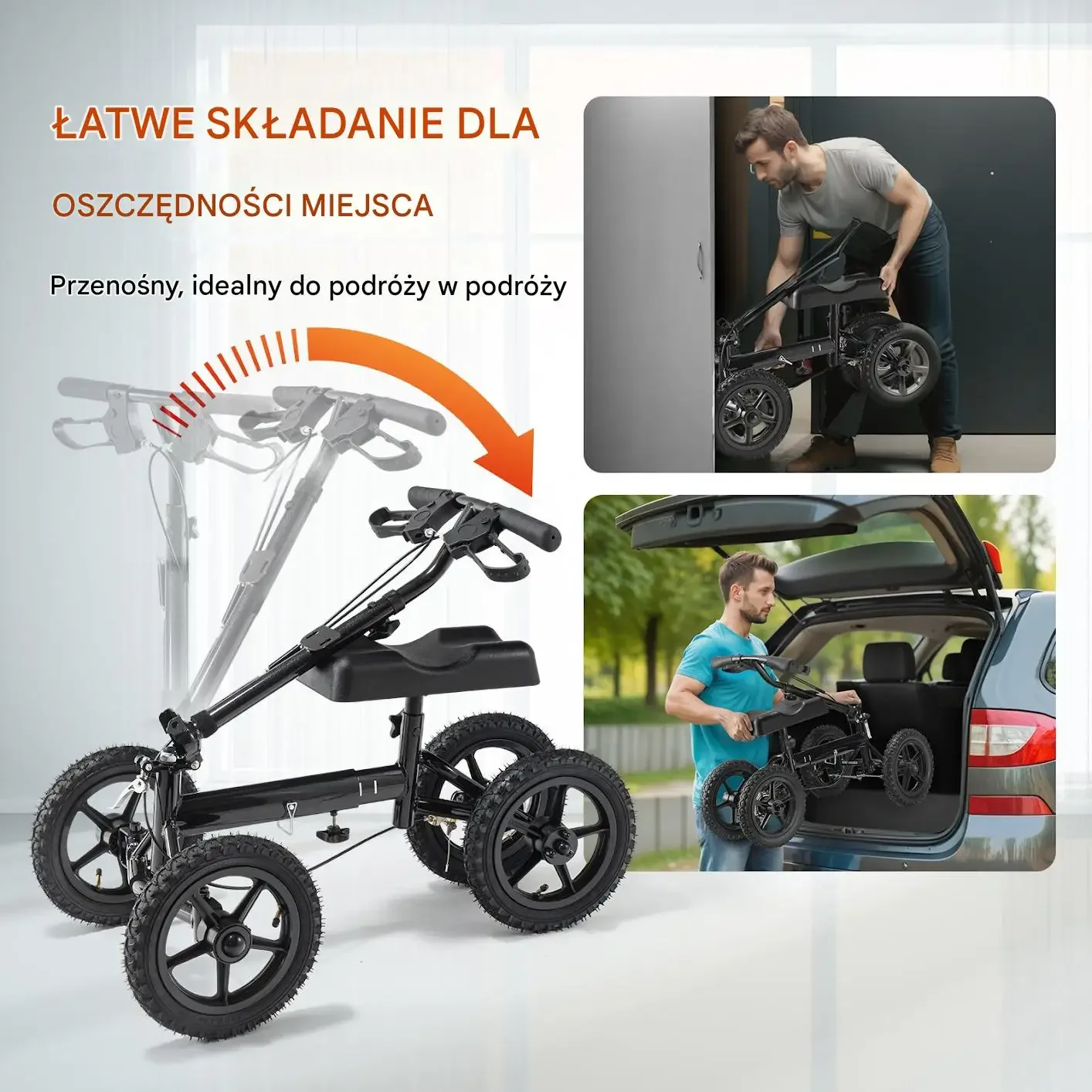 Skuter rehabilitacyjny kolanowy czarny 160kg 12 cal pneumatyczny mocna stal - obrazek 5