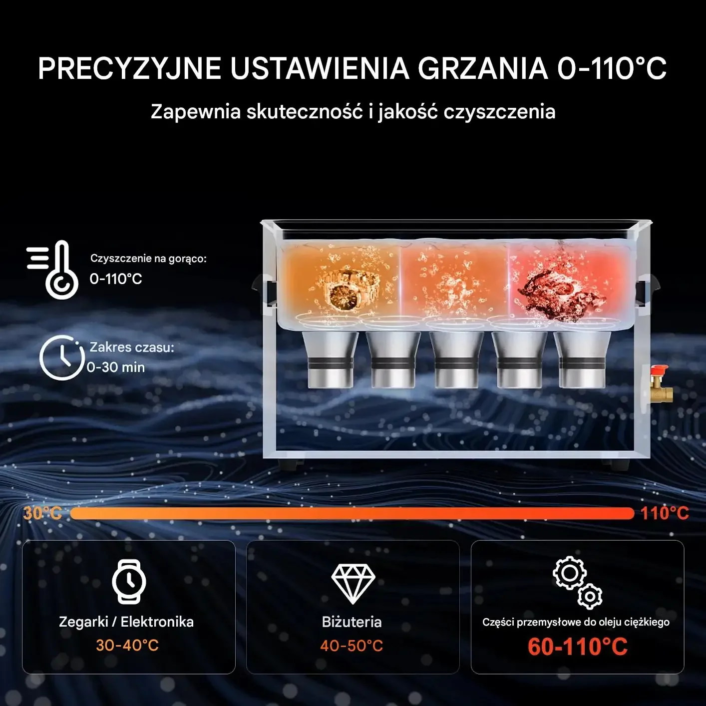 Myjka ultradźwiękowa 30 l 600 W 40 kHz gaźniki biżuteria stal mocna Premium - obrazek 4