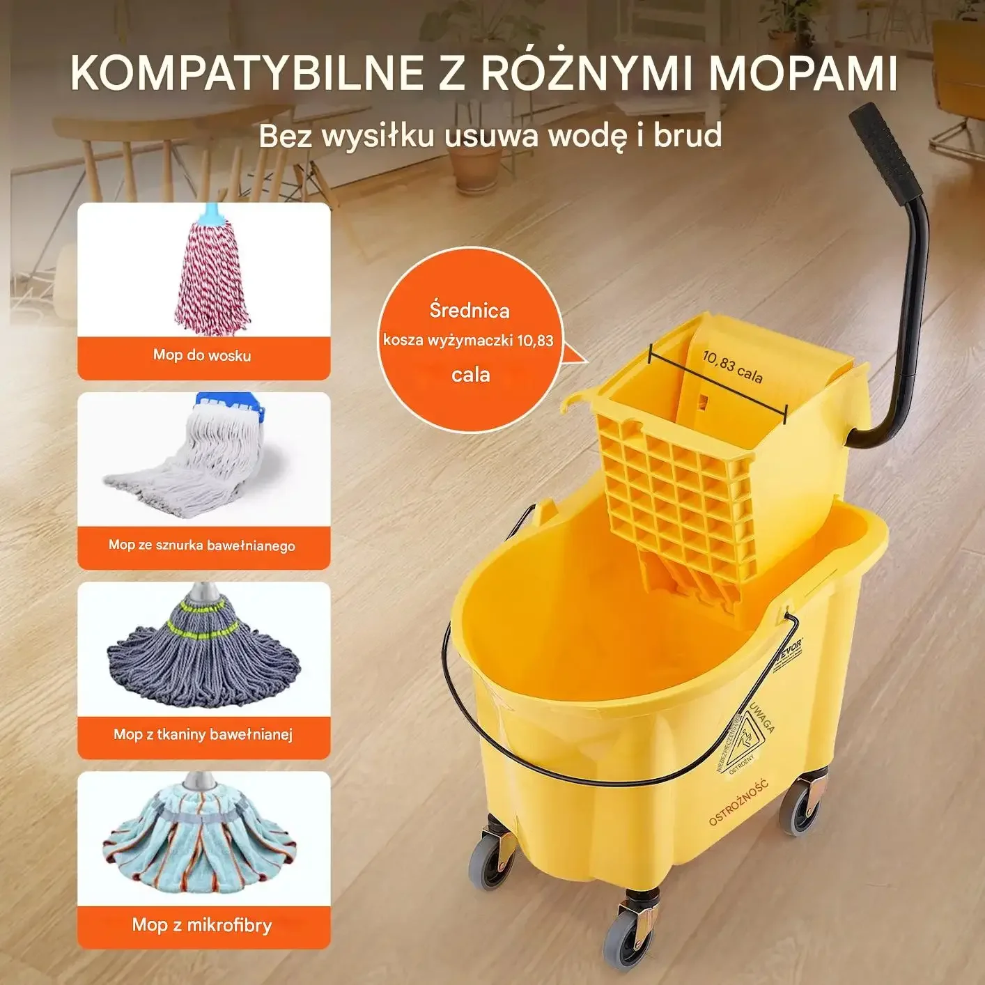 Wiadro do mopa z wyciskaczem 35L na kółkach do sprzątania profesjonalnego - obrazek 3