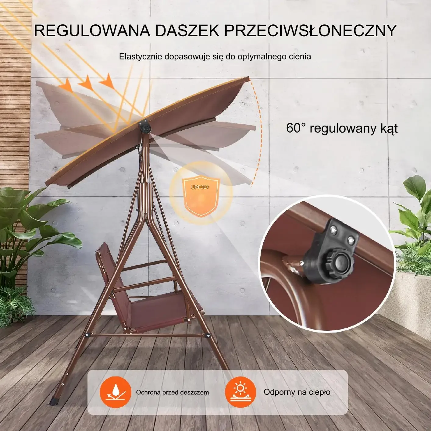 Huśtawka ogrodowa 3-osobowa z podłokietniki baldachim brązowa - obrazek 5