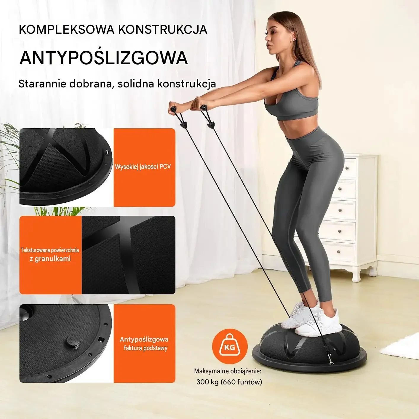 Antypoślizgowa piłka balansowa bosu 58 cm 300 kg linki czarna mocna zestaw - obrazek 4