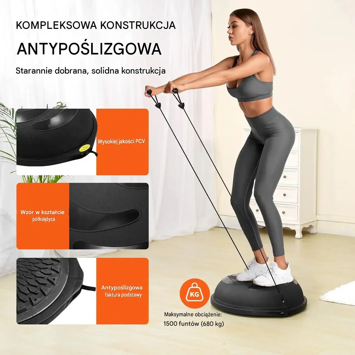 Antypoślizgowa piłka balansowa bosu fitness 64 cm 680 kg pompka czarna - obrazek 4