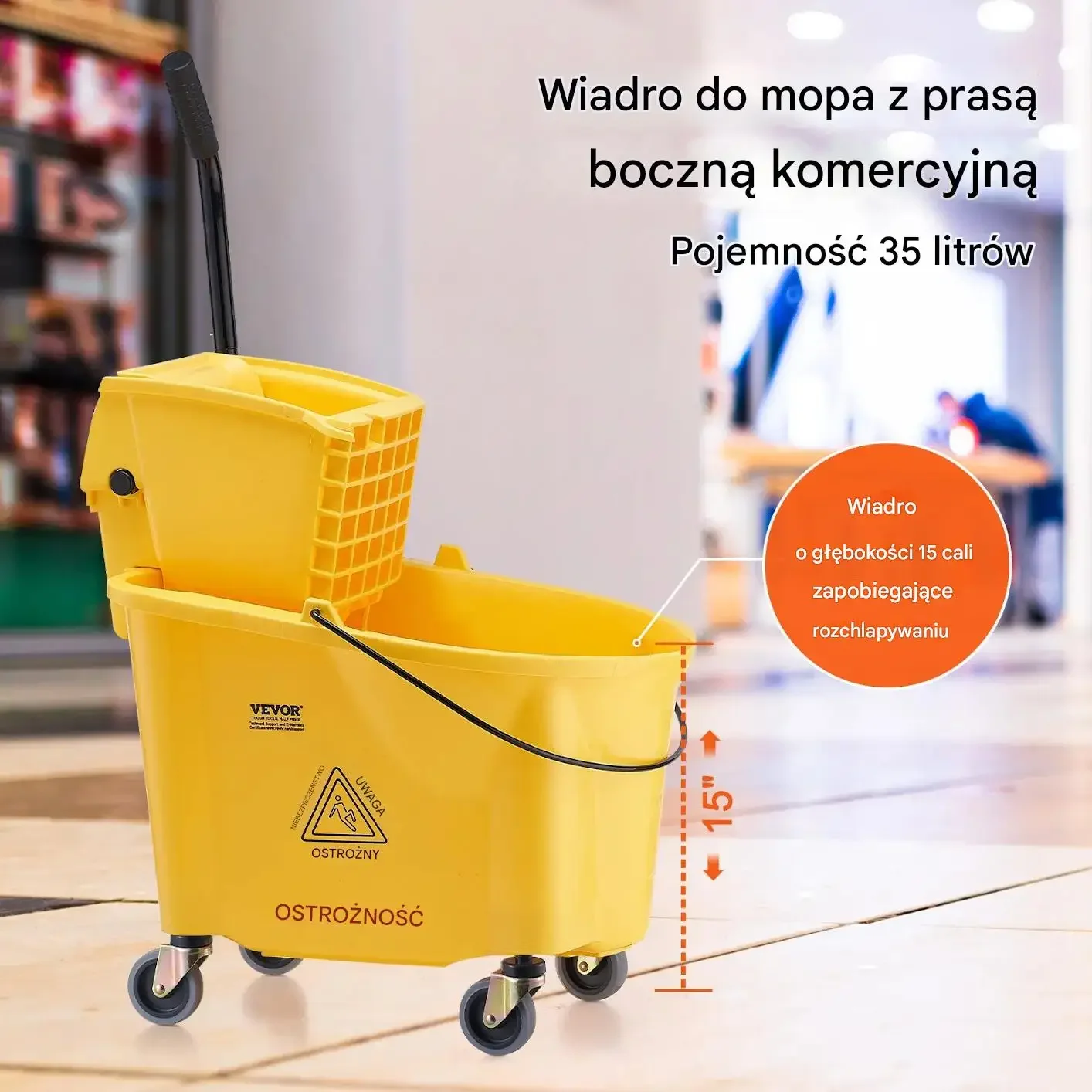 Wiadro do mopa z wyciskaczem 35L na kółkach do sprzątania profesjonalnego - obrazek 2