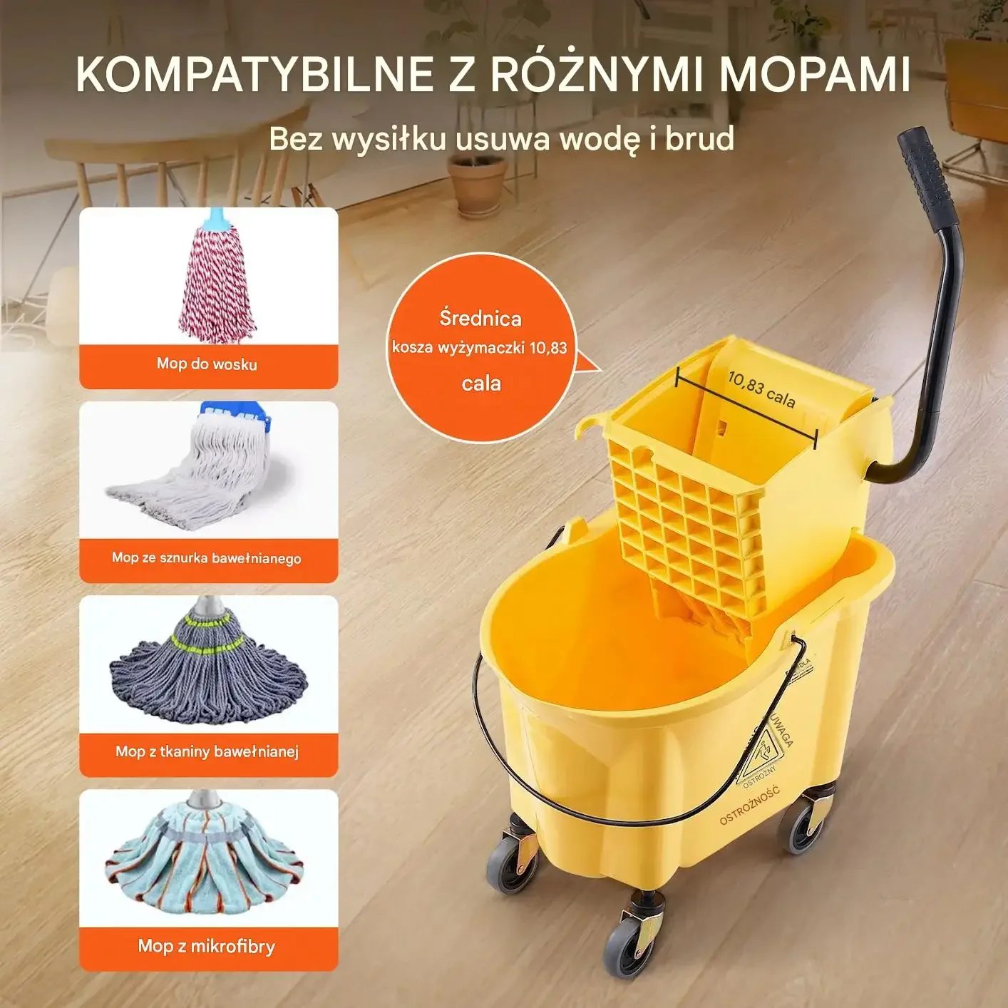 Wiadro do mopa z wyciskaczem 26L na kółkach do sprzątania profesjonalnego - obrazek 3