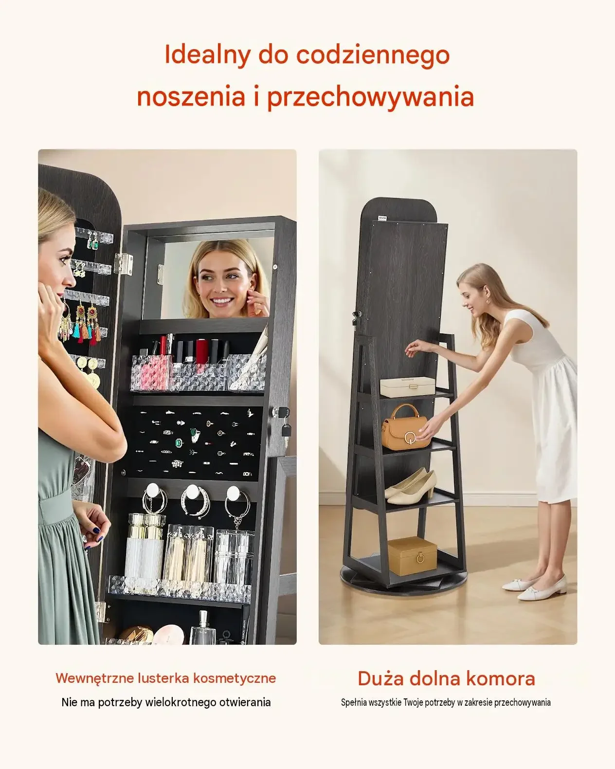 Szafka biżuteryjna obrotowa 360° czarna premium 1600 mm organizer kieszenie - obrazek 2