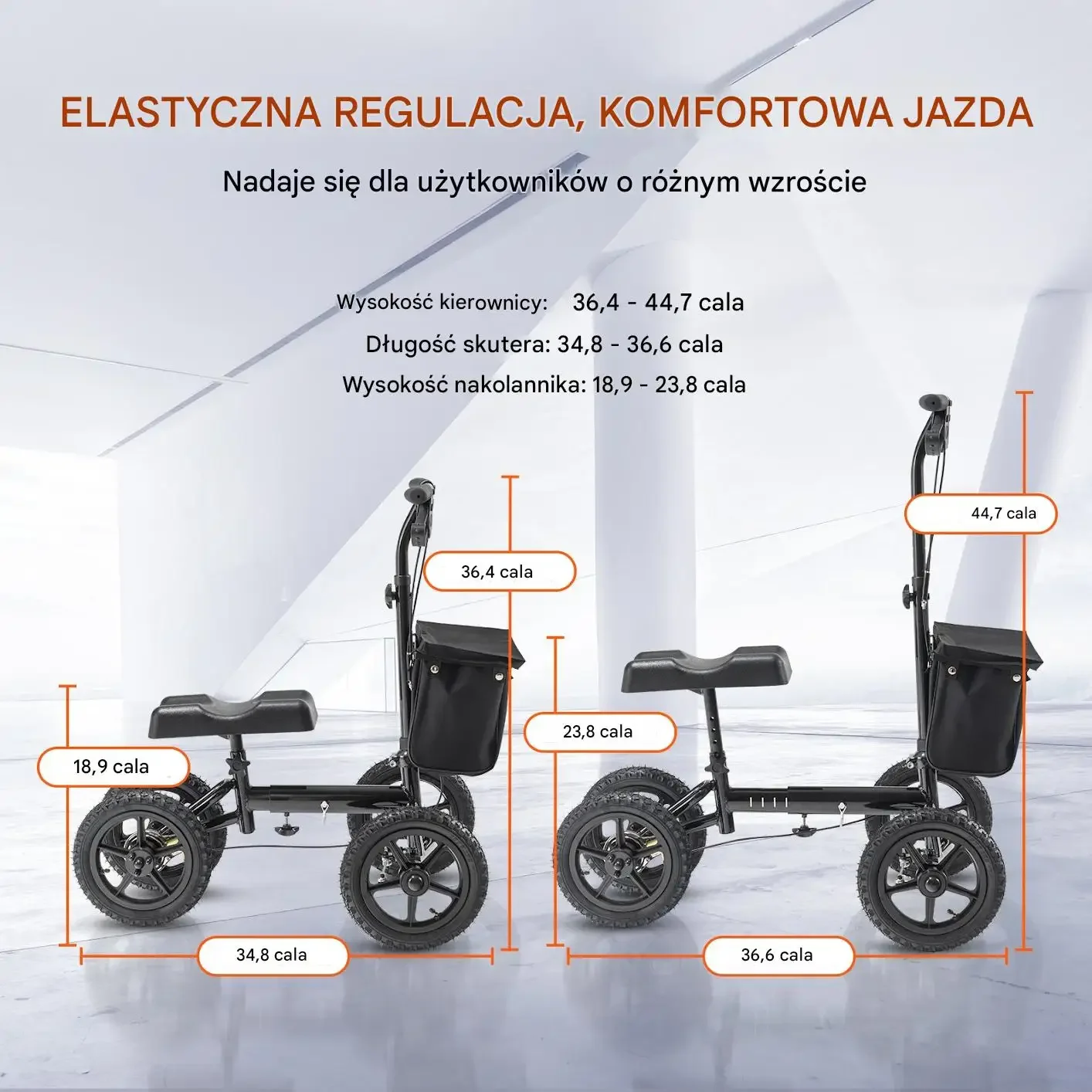 Skuter rehabilitacyjny kolanowy czarny 160kg 12 cal pneumatyczny mocna stal - obrazek 2