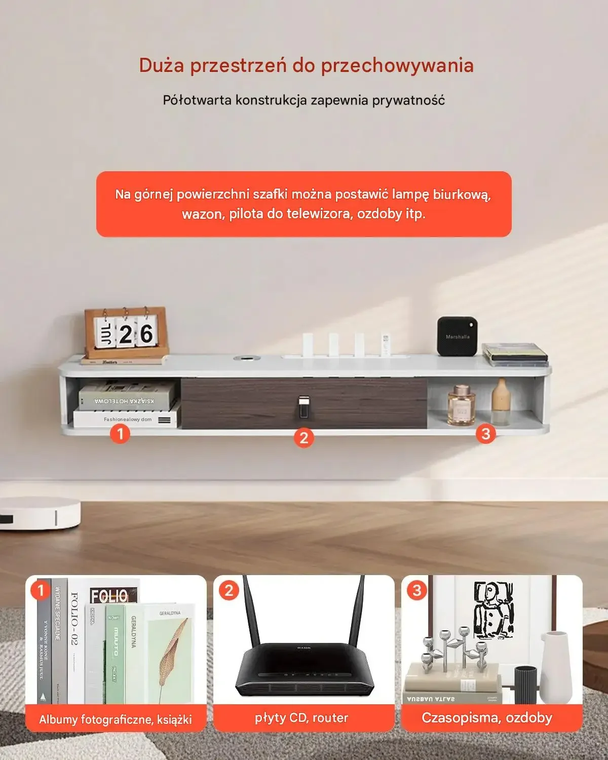 Szafka RTV wisząca biała 120 cm mocna ścienna 52 kg otwór kablowy router E1 - obrazek 5