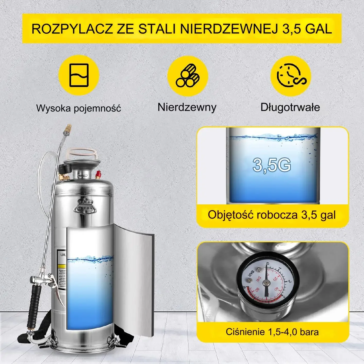 Opryskiwacz 12 litrów ręczny ciśnieniowy stal nierdzewna mocny ogrodowy - obrazek 2
