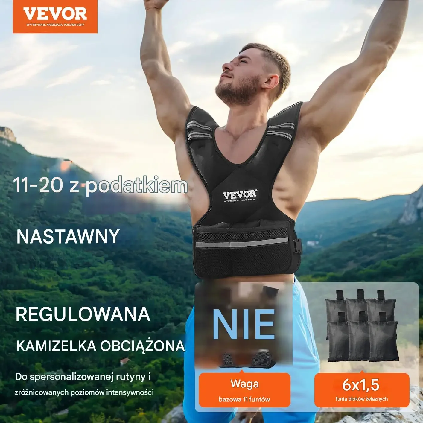 Kamizelka obciążeniowa zestaw trening biegowa 9 kg premium czarna odblask - obrazek 2