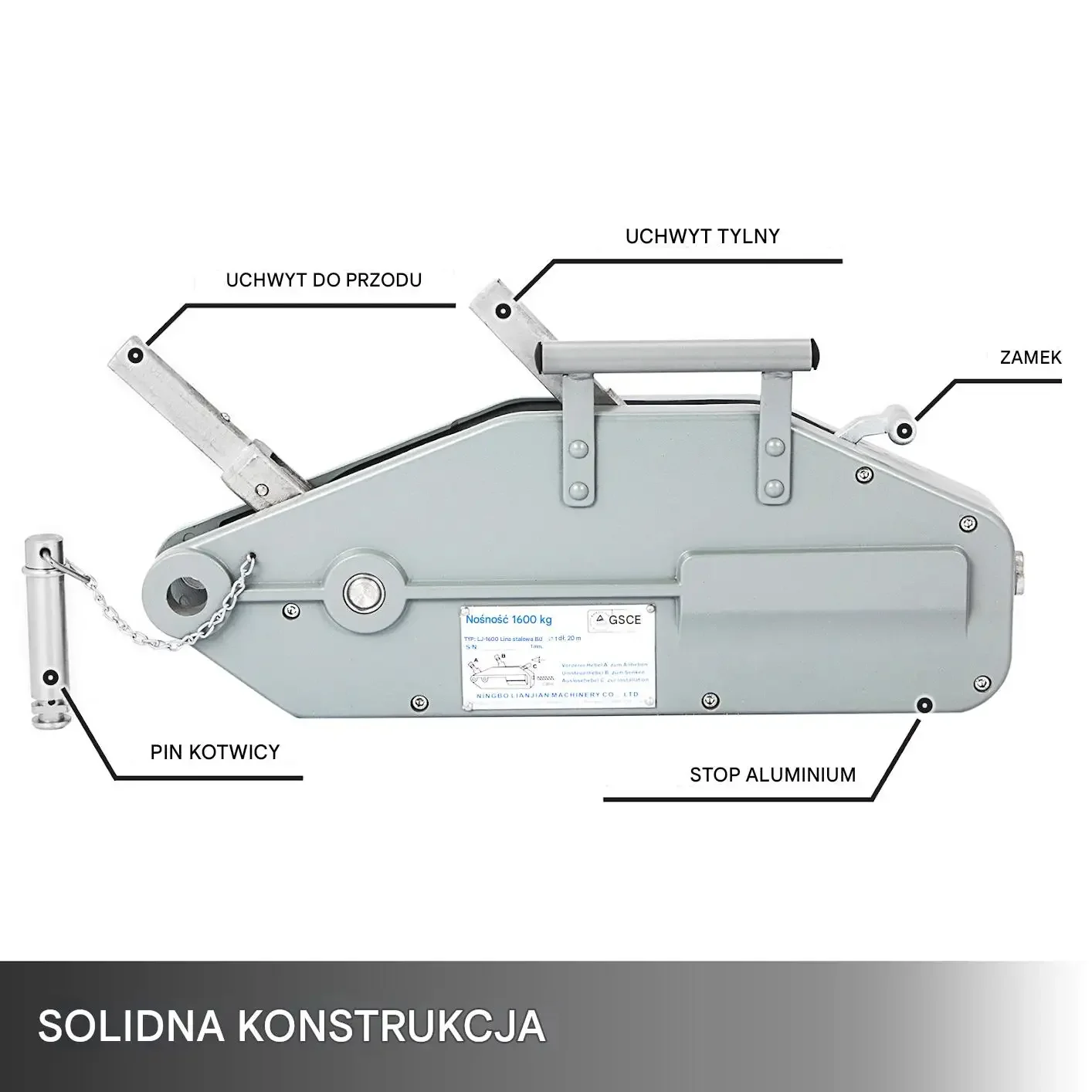 Wciągarka linowa ręczna 1,6 ton 20 m stalowa lina 11 mm mocna - obrazek 4