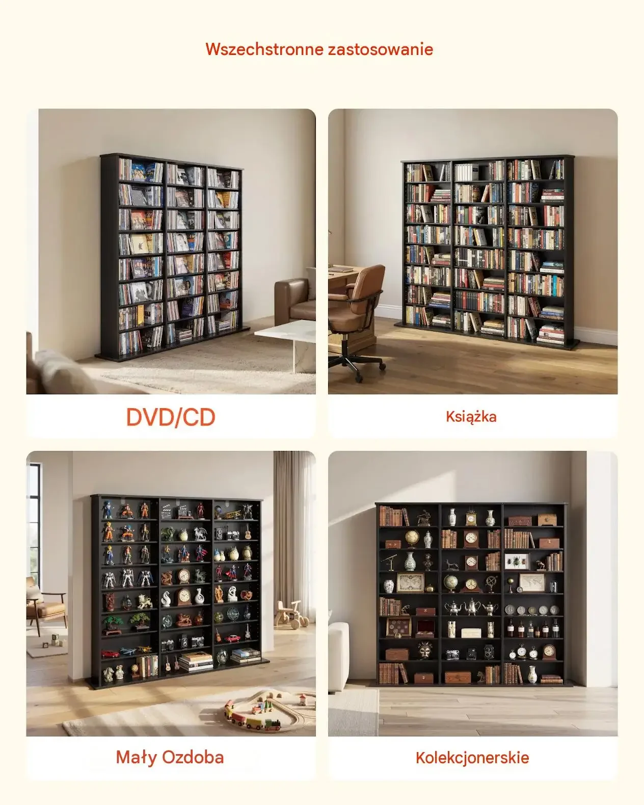 Regał DVD CD czarny 24 przegródki 8 poziomów 142 x 22 x 130 cm mocna półka - obrazek 2