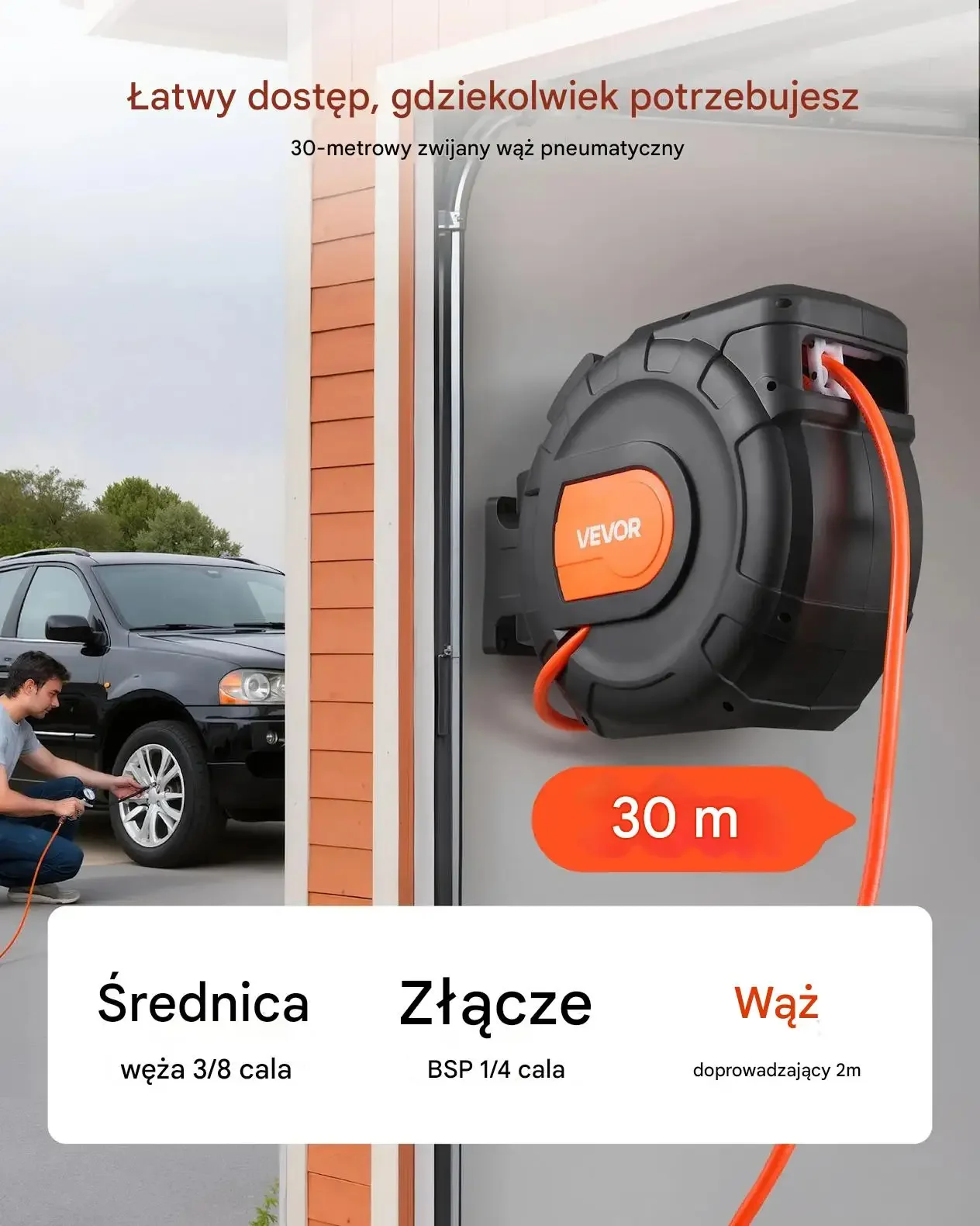 Zwijacz węża pneumatycznego 30 m 300 PSI automatyczny do warsztatu - obrazek 2