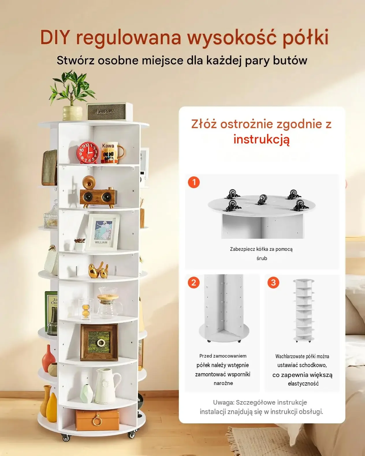 Regał buty obrotowy stojak szafka 360 kółka 7 poziomów regulowany biała - obrazek 5