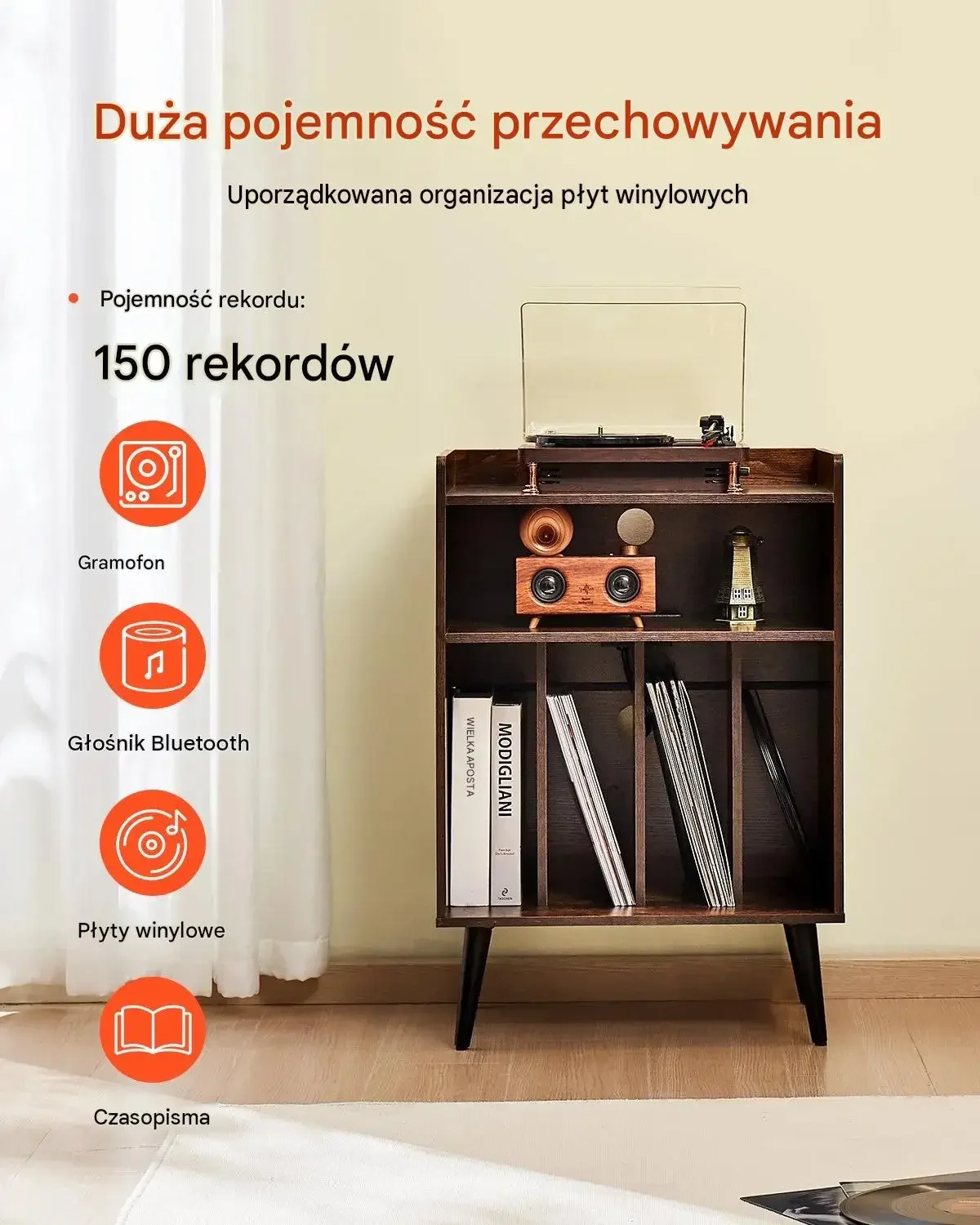 Stojak gramofonowy mocna konstrukcja drewniana 3 poziomy 150 albumów winyle - obrazek 6