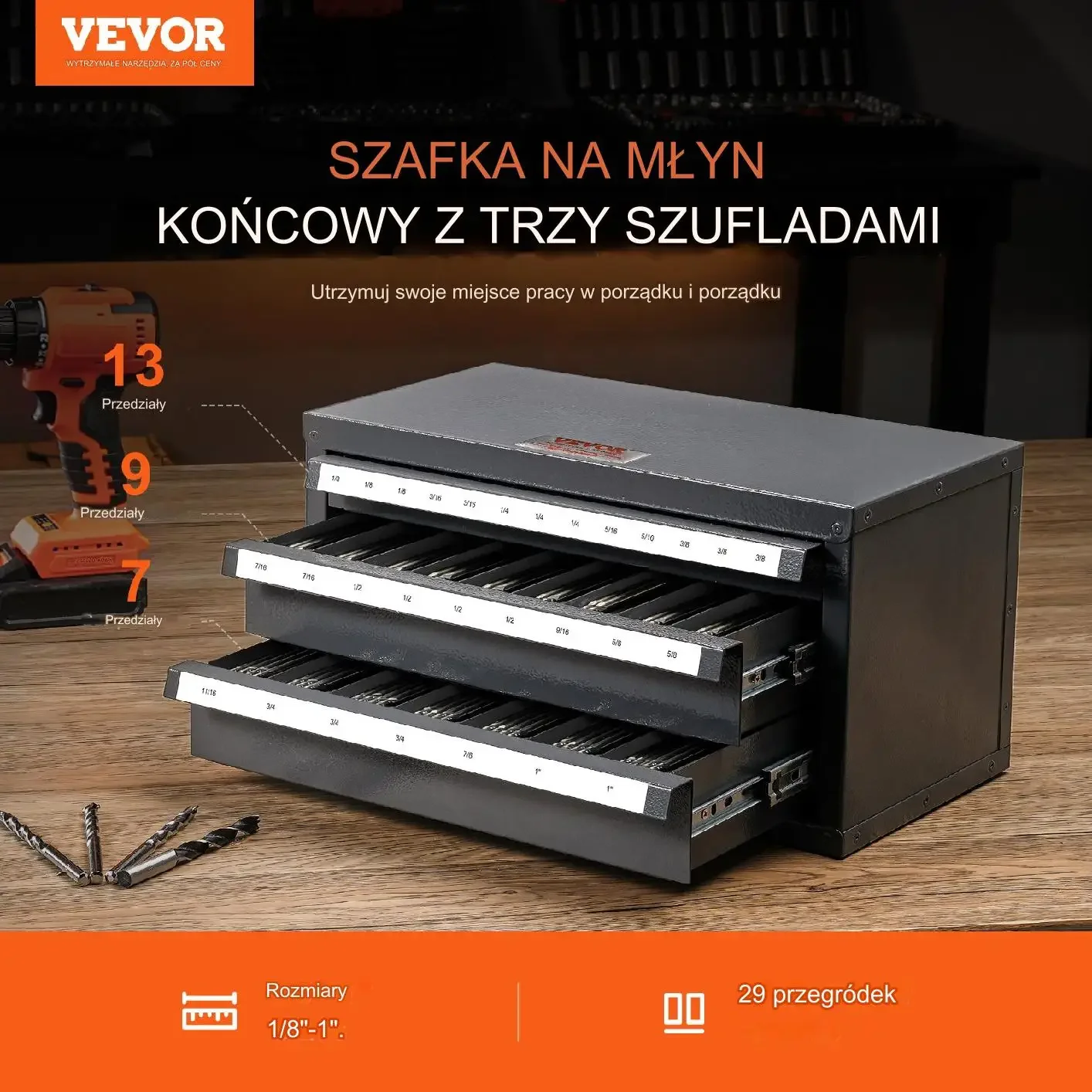 Szafka organizer frezy 3 szuflady 29 komór stal premium 37,5 x 20 x 20 cm - obrazek 6