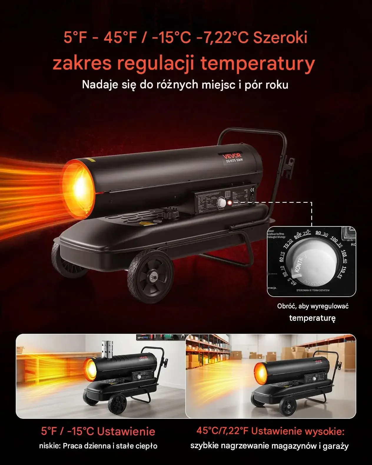 Nagrzewnica olejowa torpedo 50 kW czarna mocna diesel kółka termostat - obrazek 5