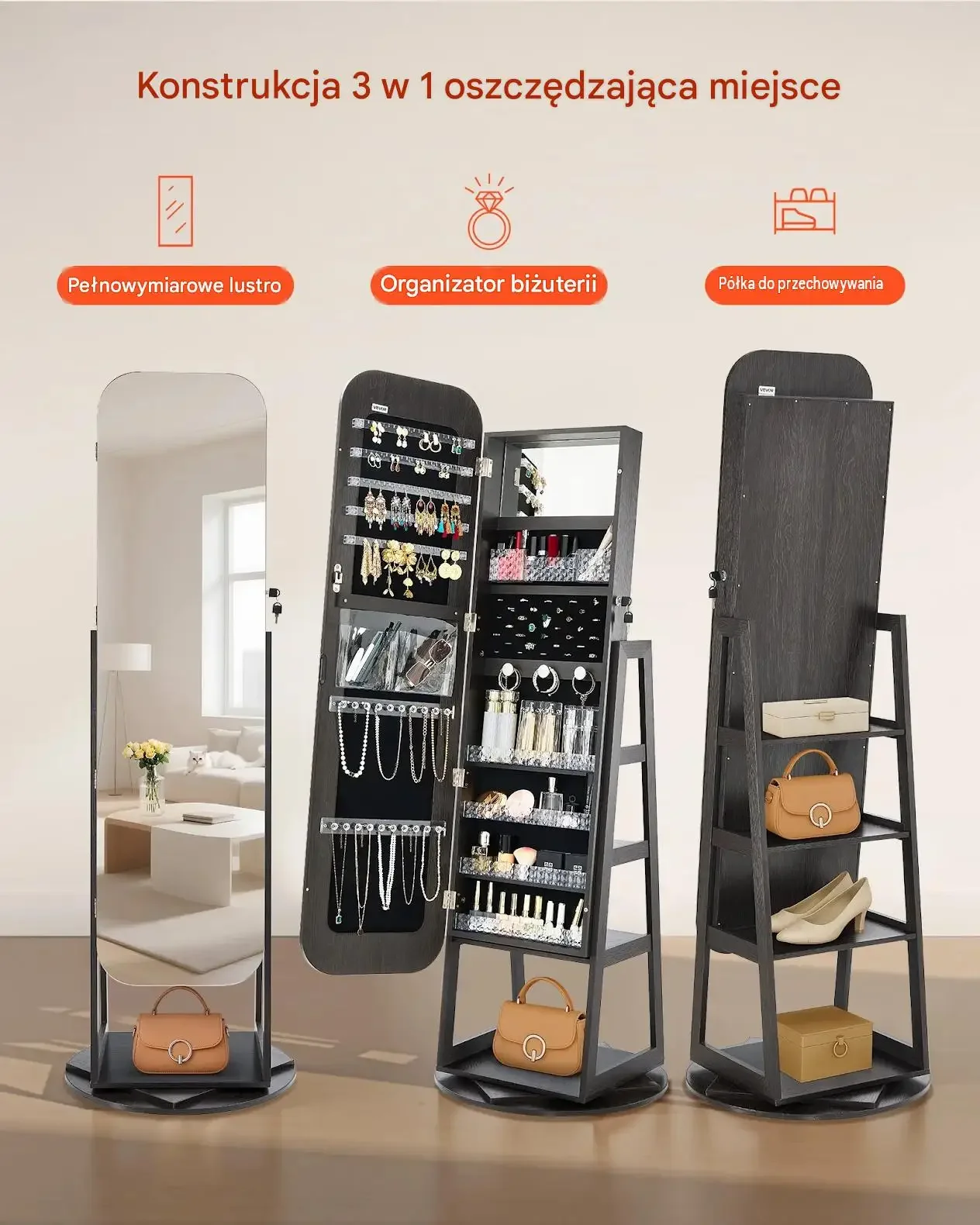 Szafka biżuteryjna obrotowa 360° czarna premium 1600 mm organizer kieszenie - obrazek 6