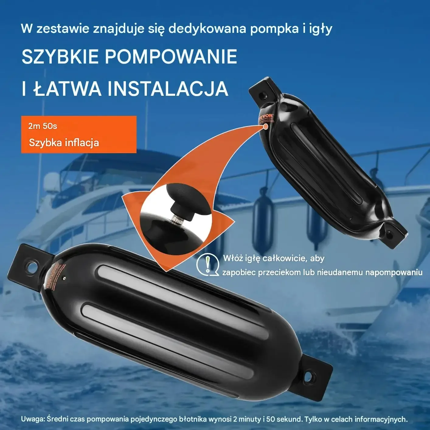 Odbijacze jachtowe łódź motorówka 21x66 cm zestaw 4 szt liny pompka czarne - obrazek 4
