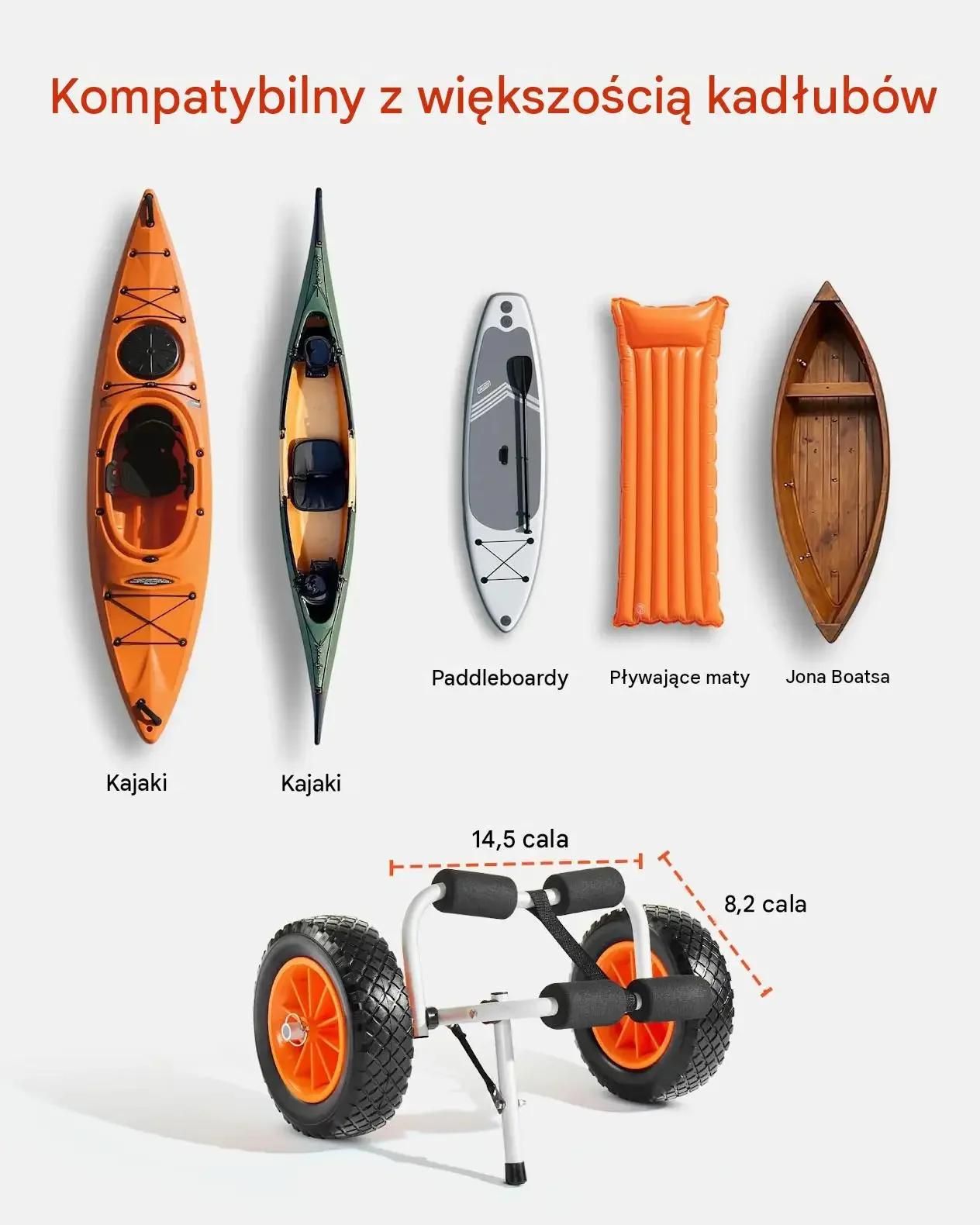 Wózek kajakowy transportowy mocny kanoe SUP deska 90 kg szeroki 35.56 cm - obrazek 5