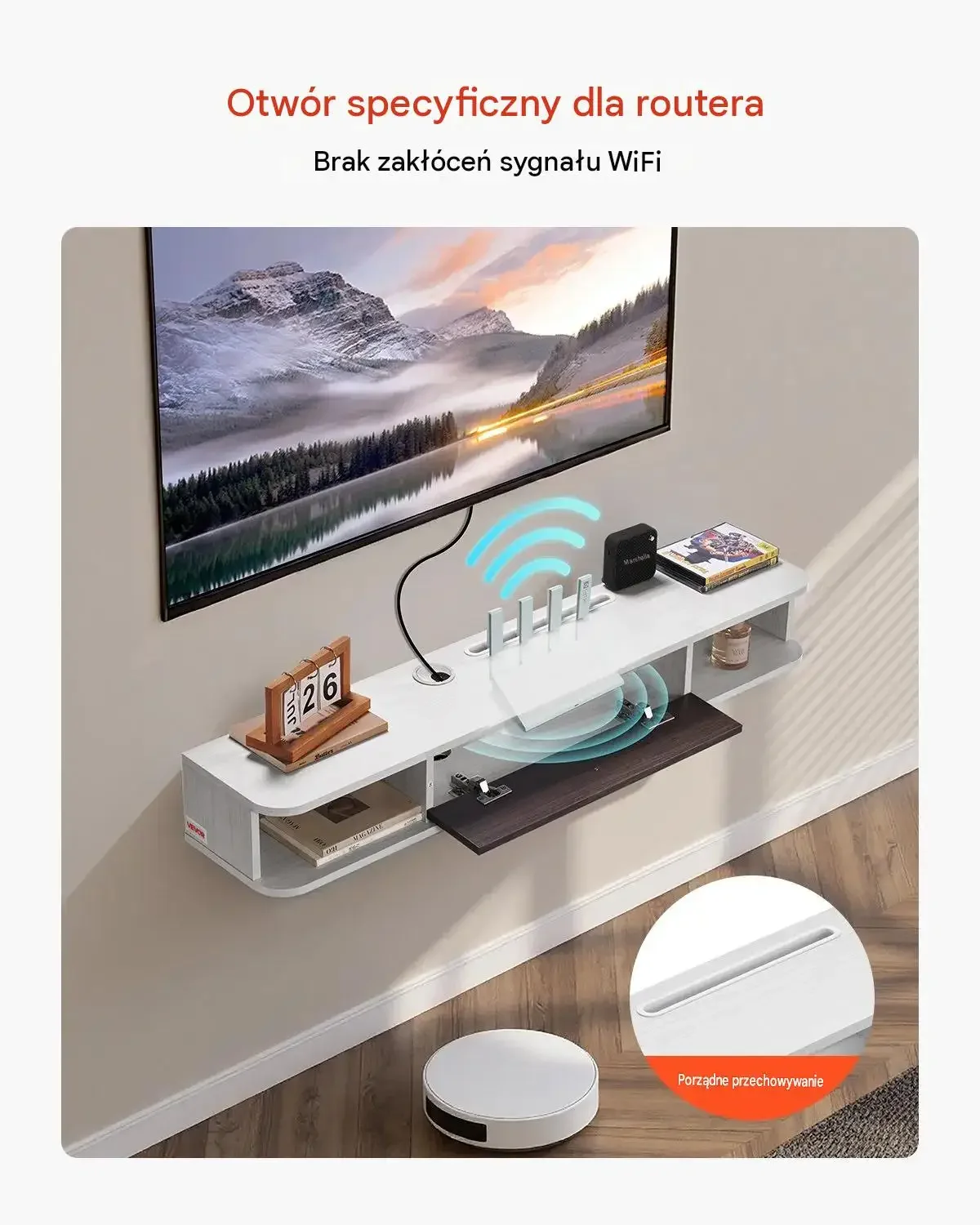 Szafka RTV wisząca biała 120 cm mocna ścienna 52 kg otwór kablowy router E1 - obrazek 4