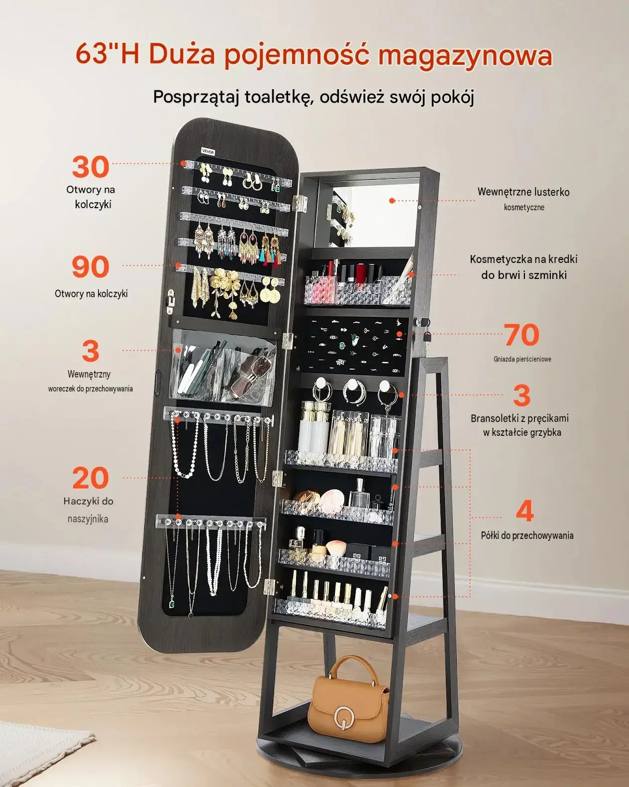 Szafka biżuteryjna obrotowa 360° czarna premium 1600 mm organizer kieszenie - obrazek 4