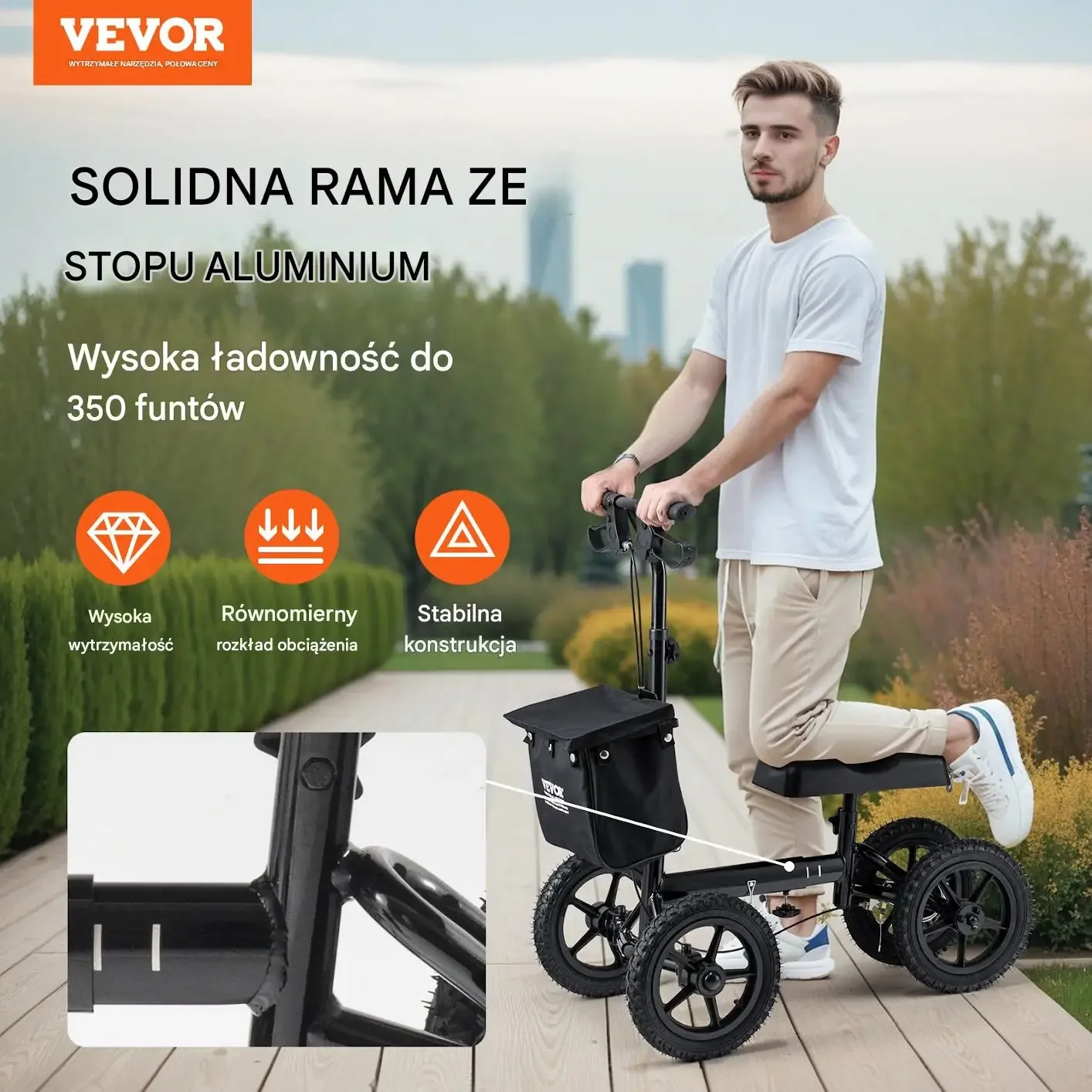 Skuter rehabilitacyjny kolanowy czarny 160kg 12 cal pneumatyczny mocna stal - obrazek 6