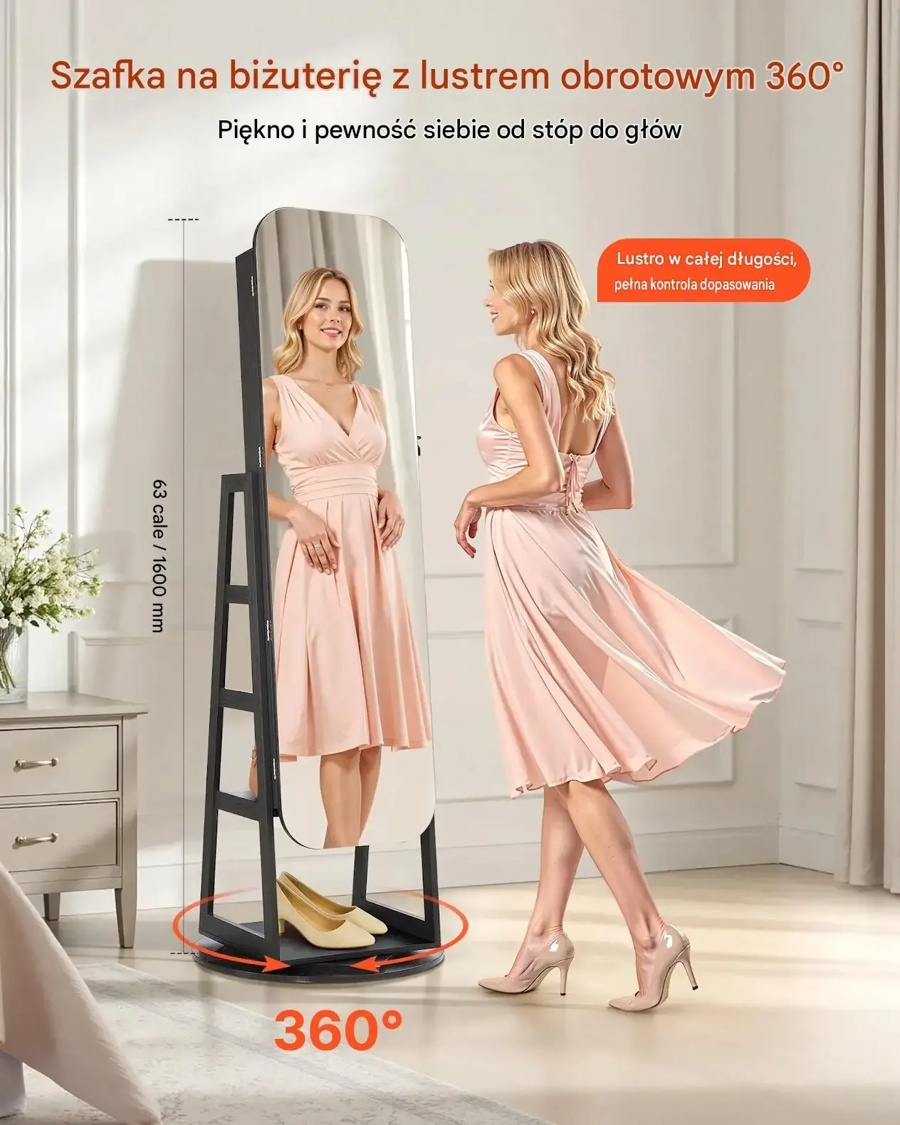 Szafka biżuteryjna obrotowa 360° czarna premium 1600 mm organizer kieszenie - obrazek 3
