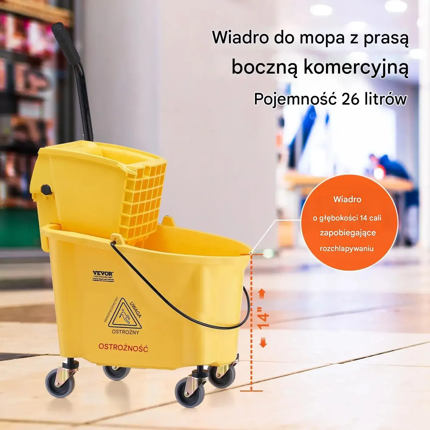 Wiadro do mopa z wyciskaczem 26L na kółkach do sprzątania profesjonalnego - obrazek 2